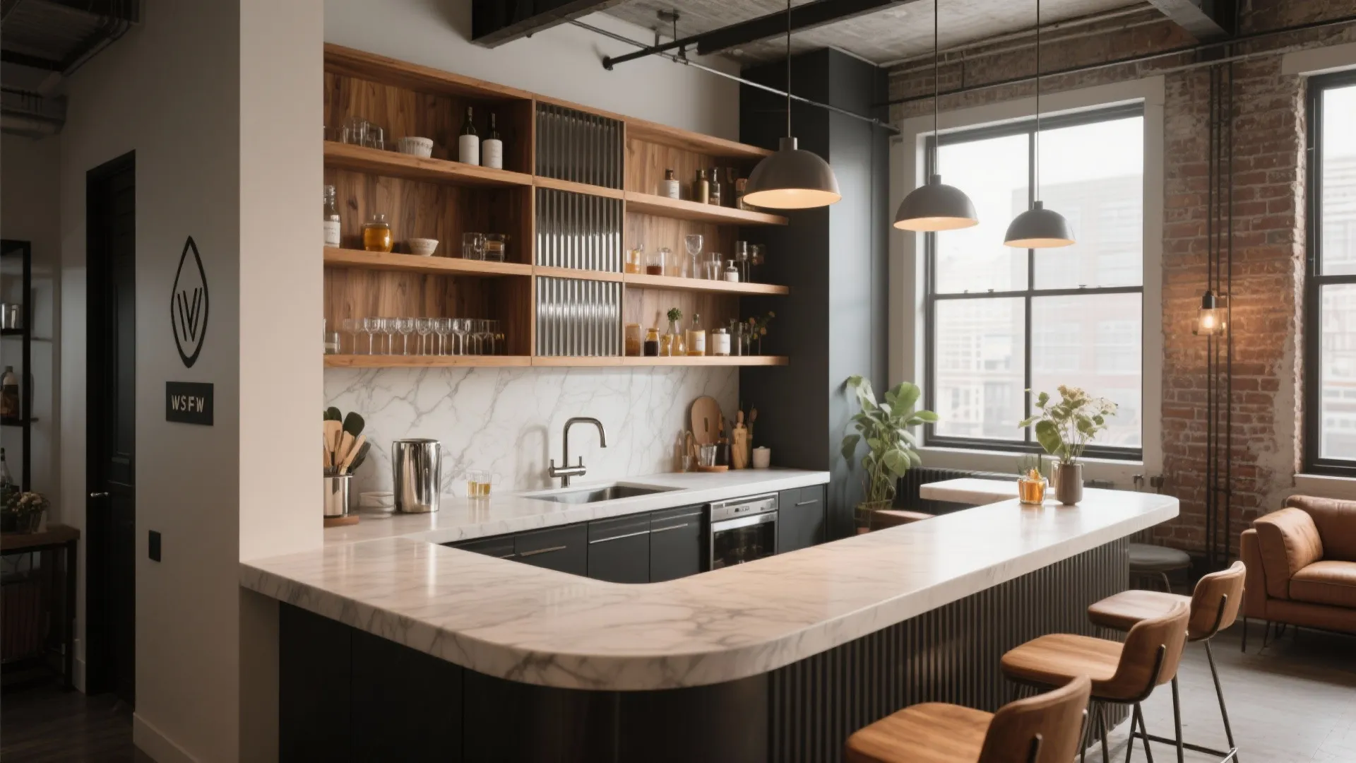 Modern home bar featuring marble countertop wood shelves grey cabinets ceiling lights and brick wall design