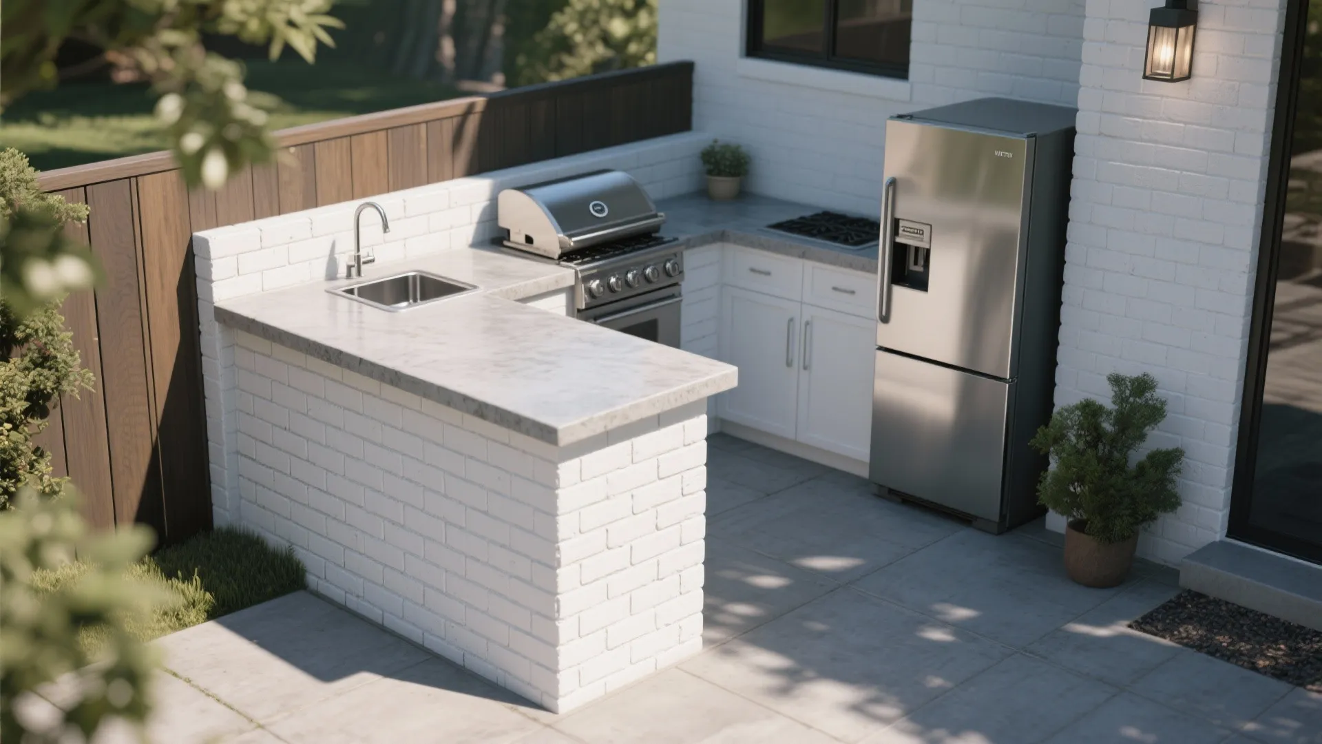 Outdoor kitchen design with white brick l-shaped counter, silver grill, refrigerator, sink, and wooden fence