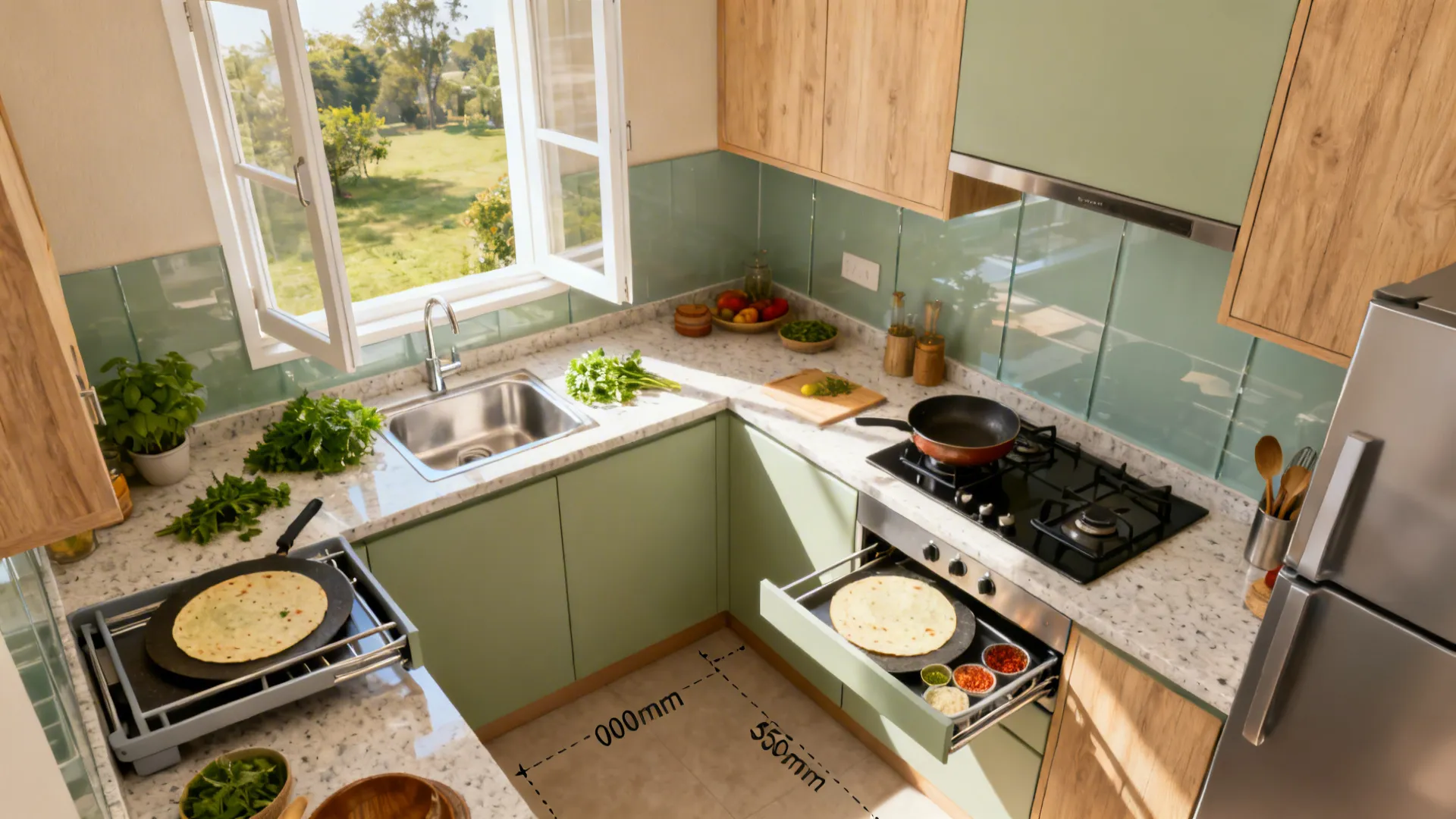 L-shaped layout to free counter near the window