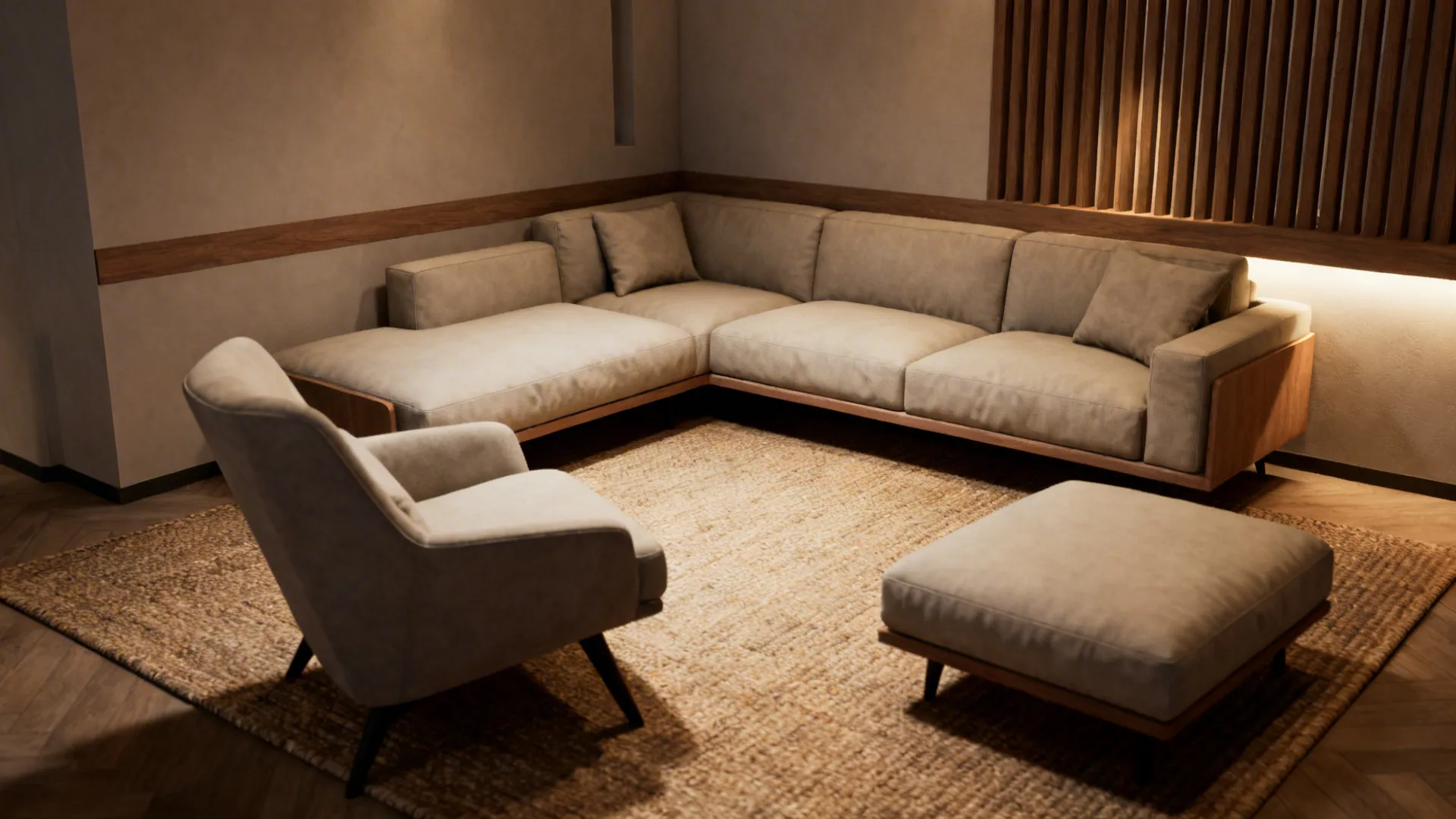 Corner L-shaped sofa with two accent chairs and an ottoman, showing clear circulation space.