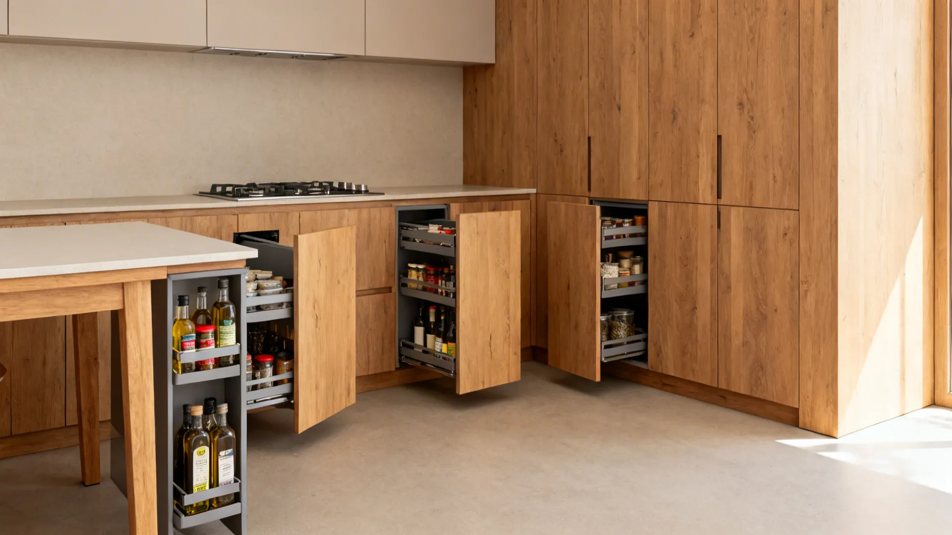 Modern kitchen design with wooden cabinets and open pull out spice racks for bottle storage