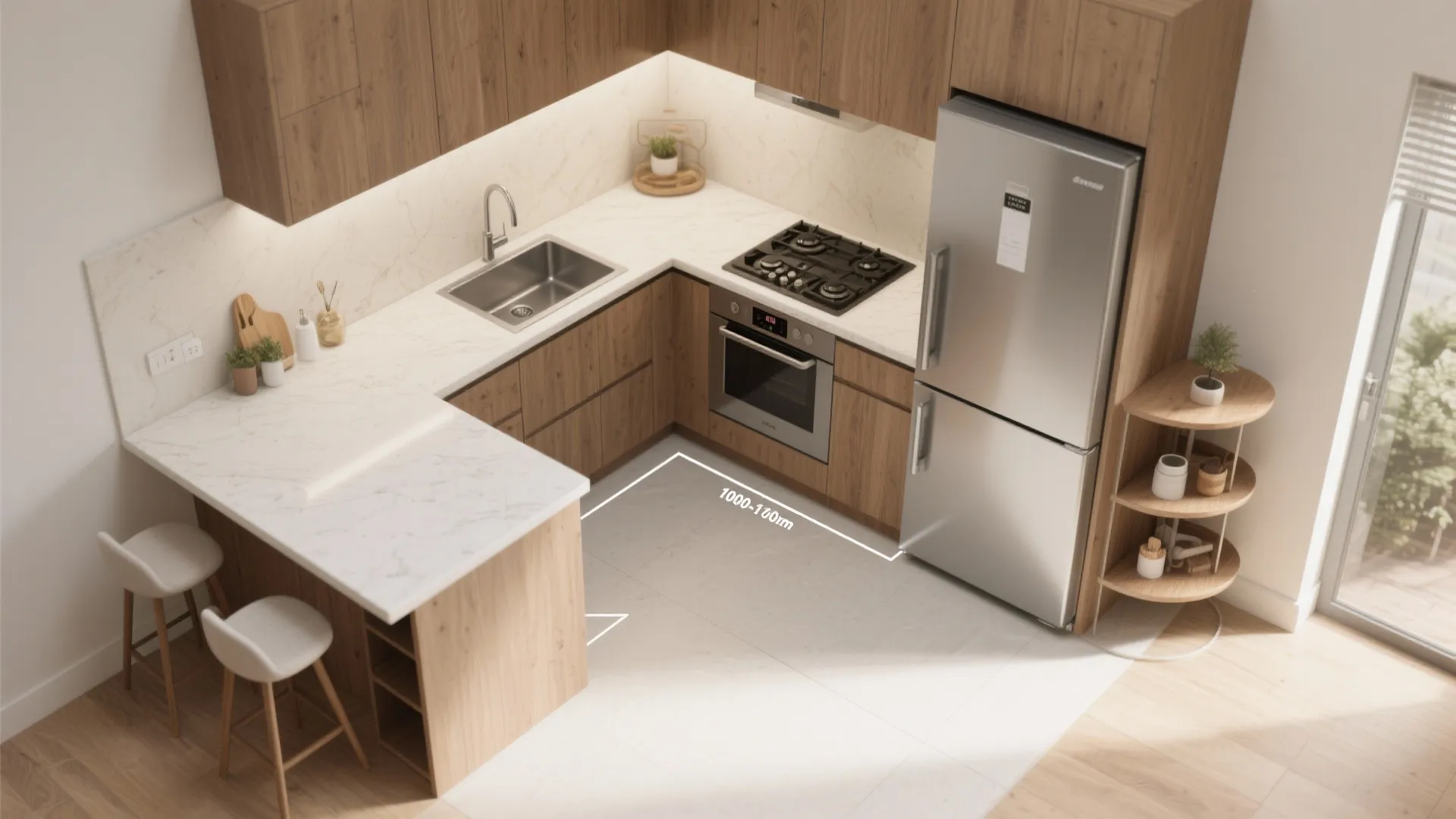 L-shaped plan that respects the work triangle