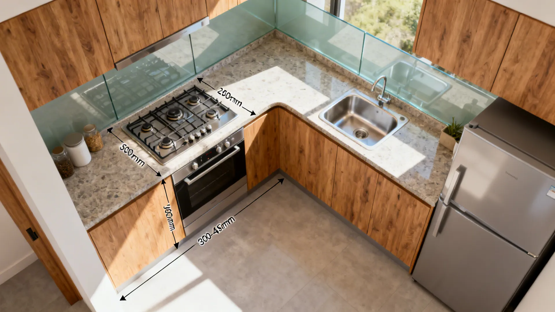 Top-down view of an L-shaped kitchen illustrating the stove-sink-fridge work triangle and landing zones.