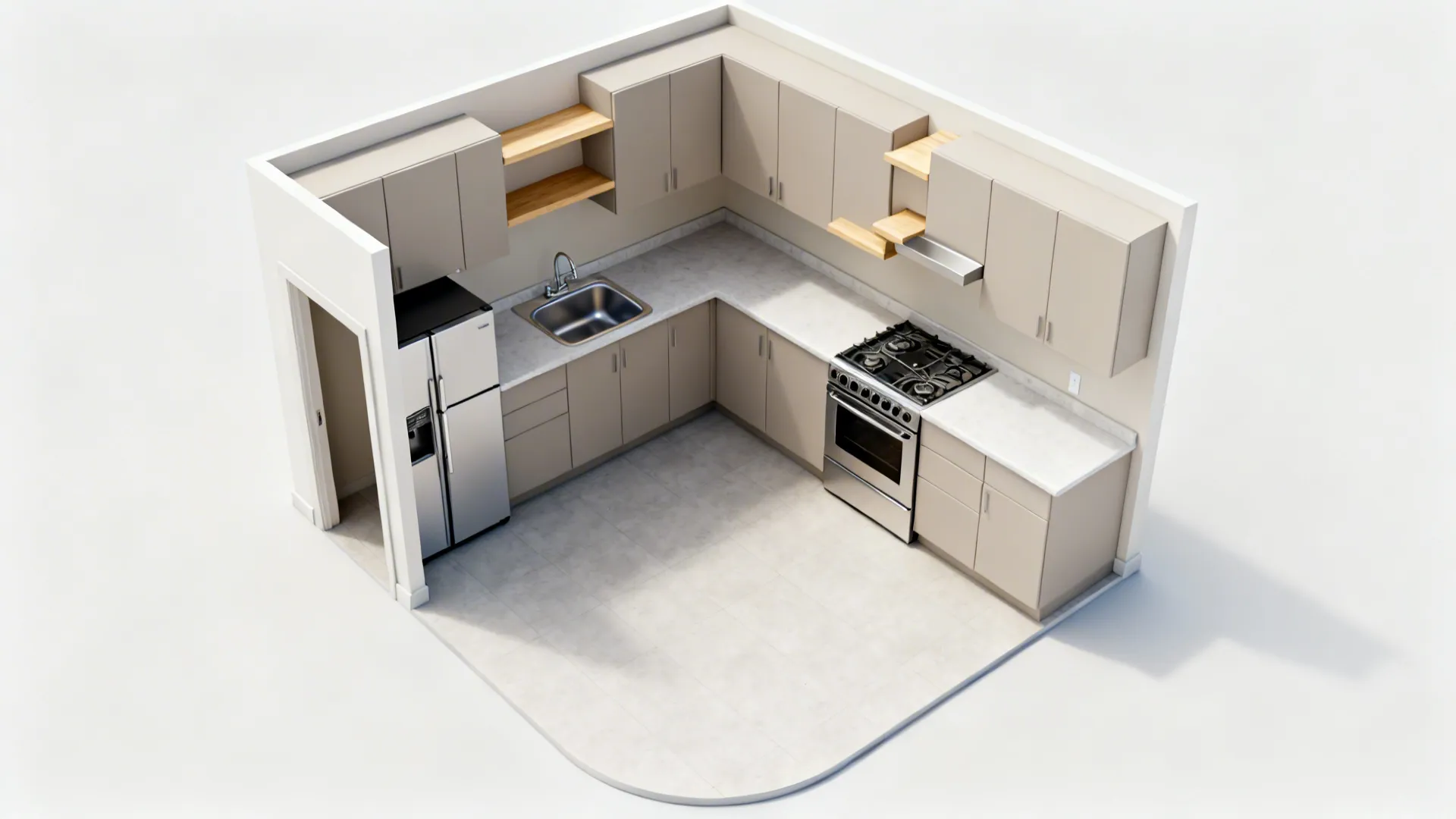 L-shaped 8x8 kitchen layout with fridge by entry, sink on short leg, and cooktop on long leg