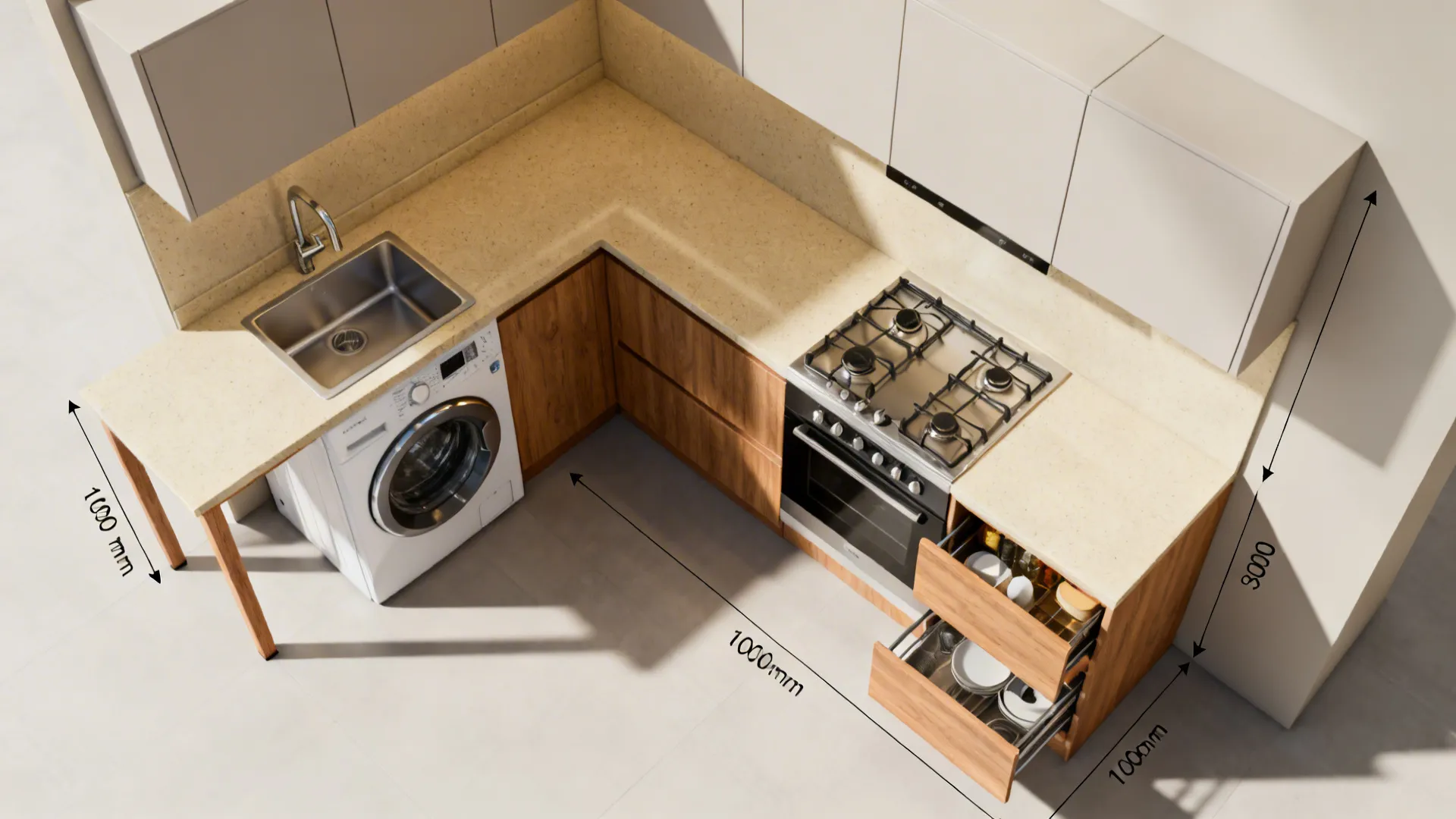 Top-down view of an L-shaped kitchen with the sink and washer aligned in the utility leg.