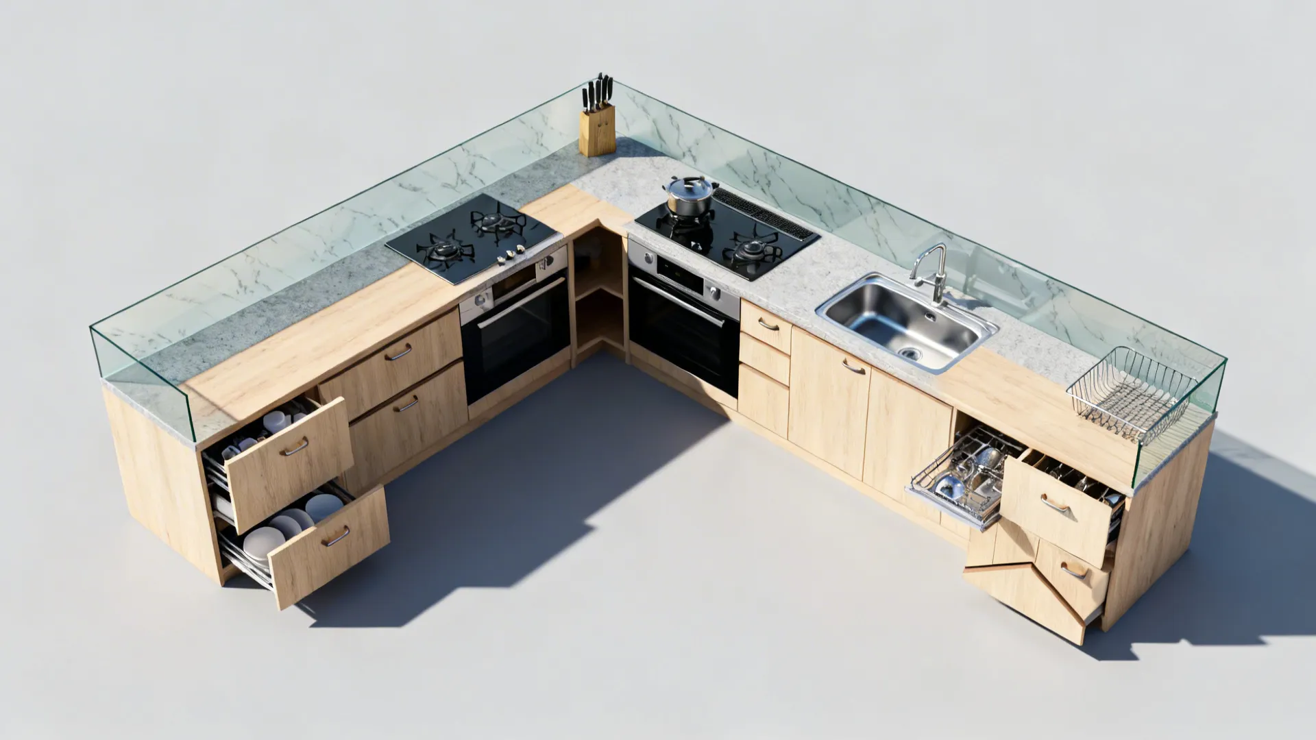 Top-down view of an L-shaped small Japanese kitchen showing efficient zones.