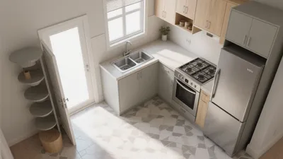 Modern Small Kitchen Design with Gray and Wood Tones