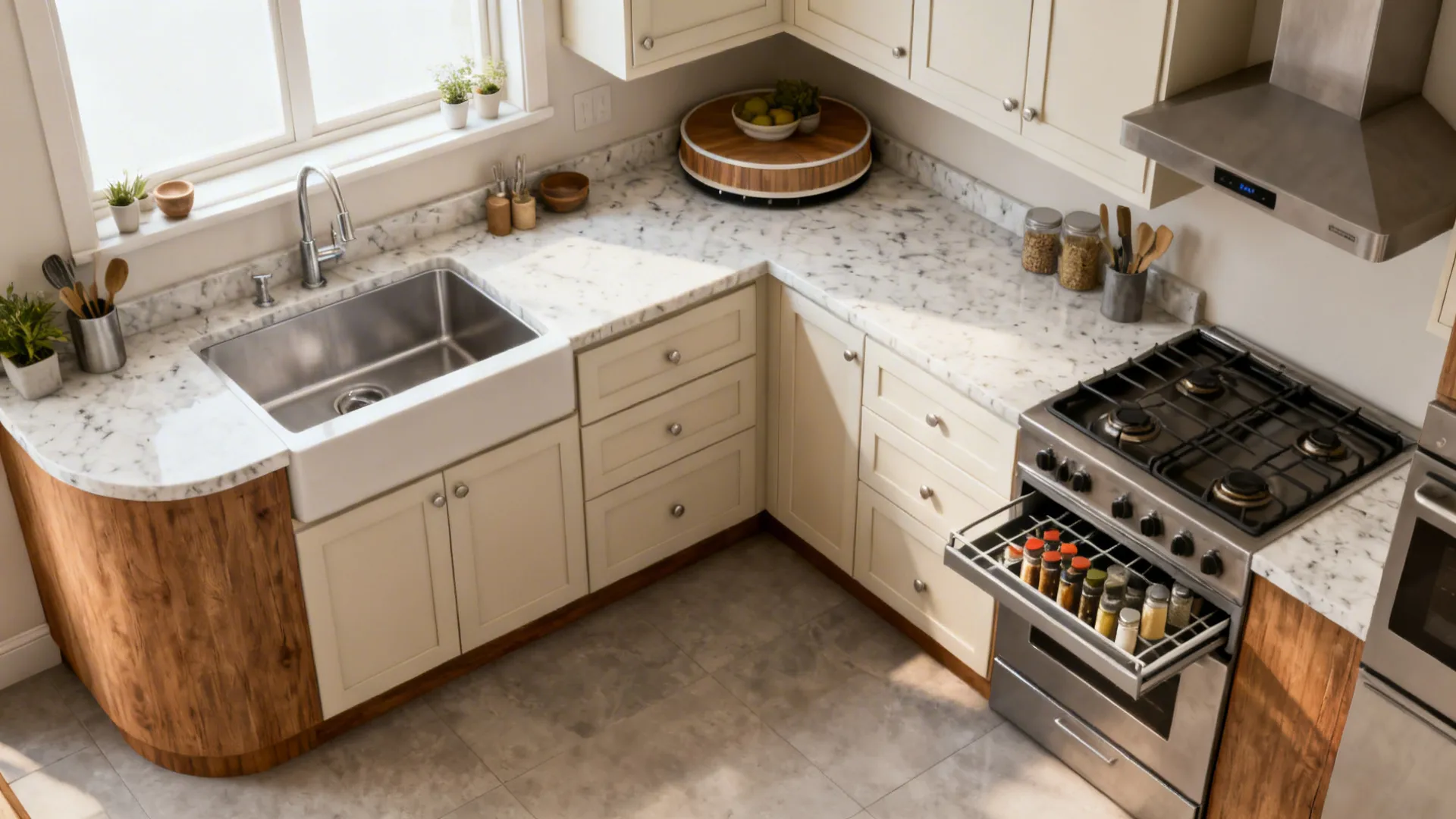 Top-down view of an L-shaped compact kitchen with sink, cooktop, corner carousel, and pull-out spice rack.