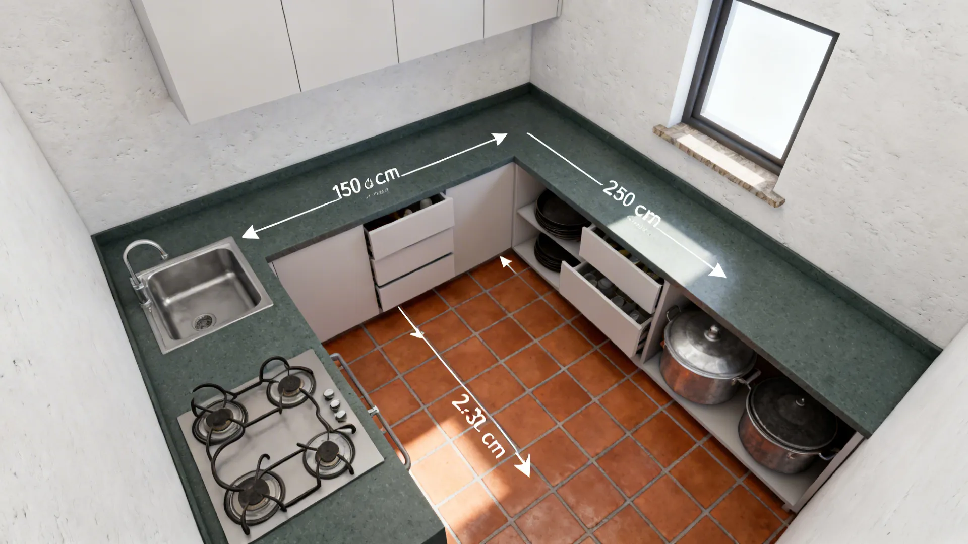 Top-down view of an L-shaped kitchen with sink, compact hob, and continuous prep run.