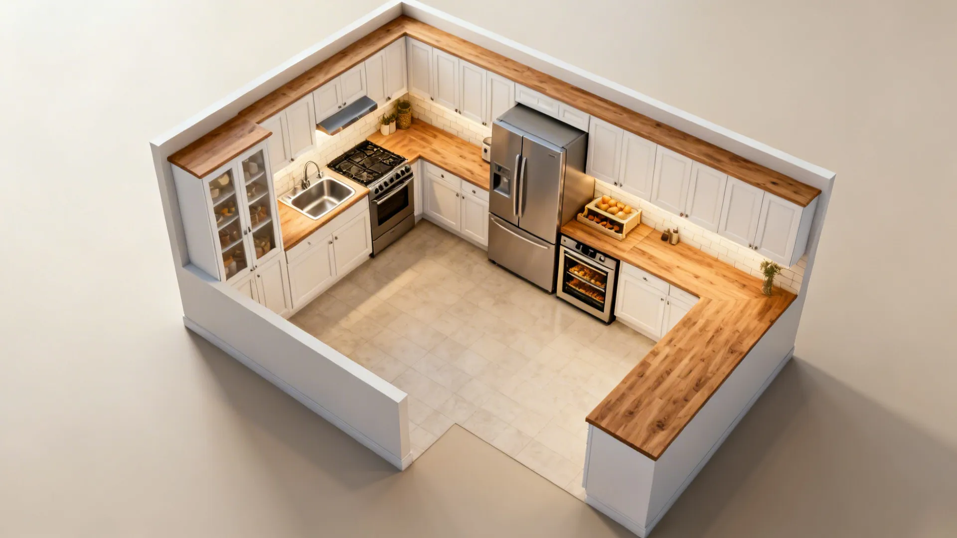 Top view interior design drawing of a kitchen layout with white cabinets and wooden countertops