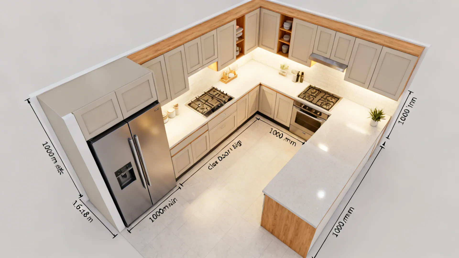Top view of kitchen interior design drawing showing cabinets, fridge, stove, and clear wall measurements