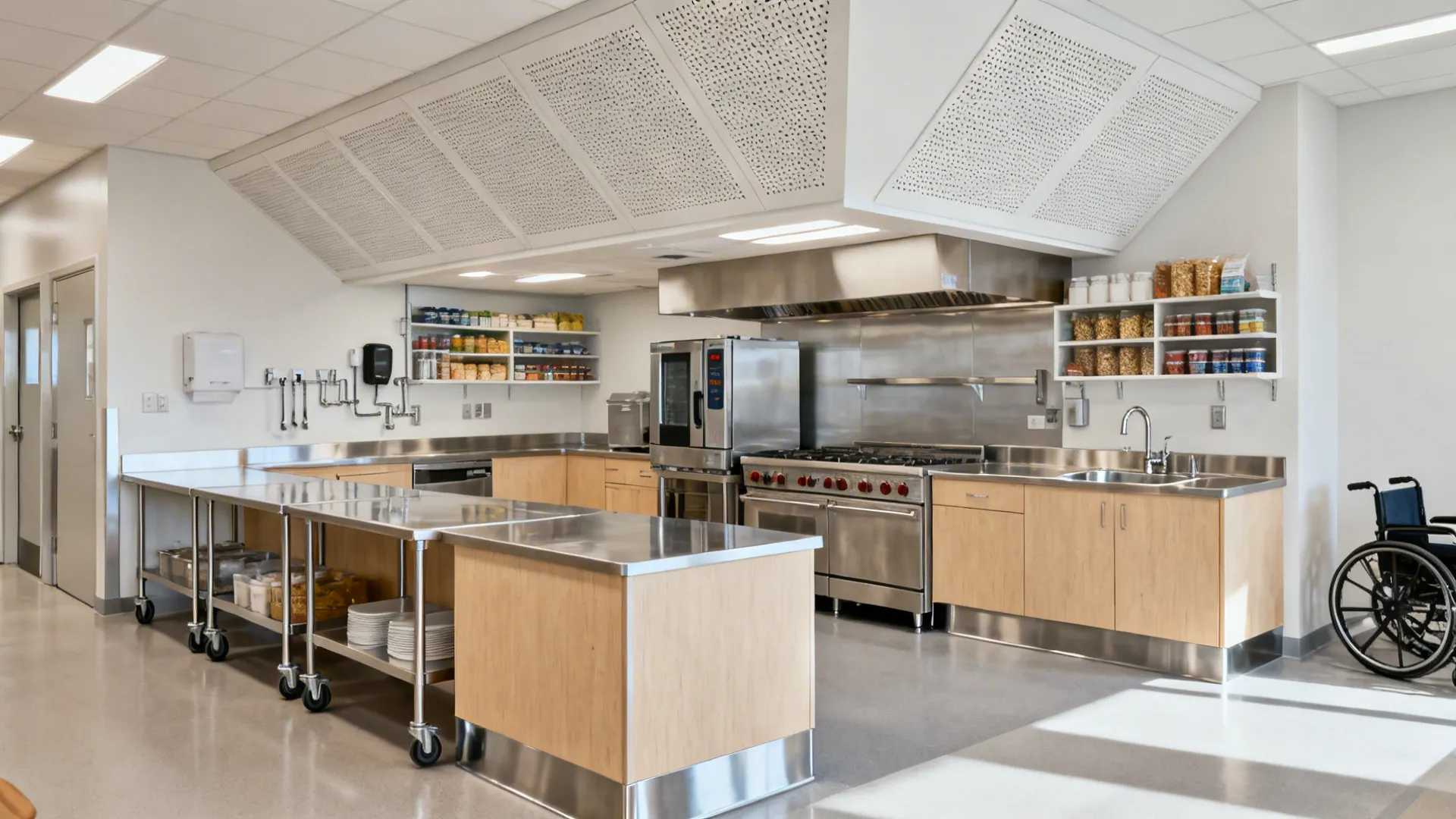 Compact L-shaped production kitchen with a mobile satellite prep table, acoustic baffles, and corner storage.