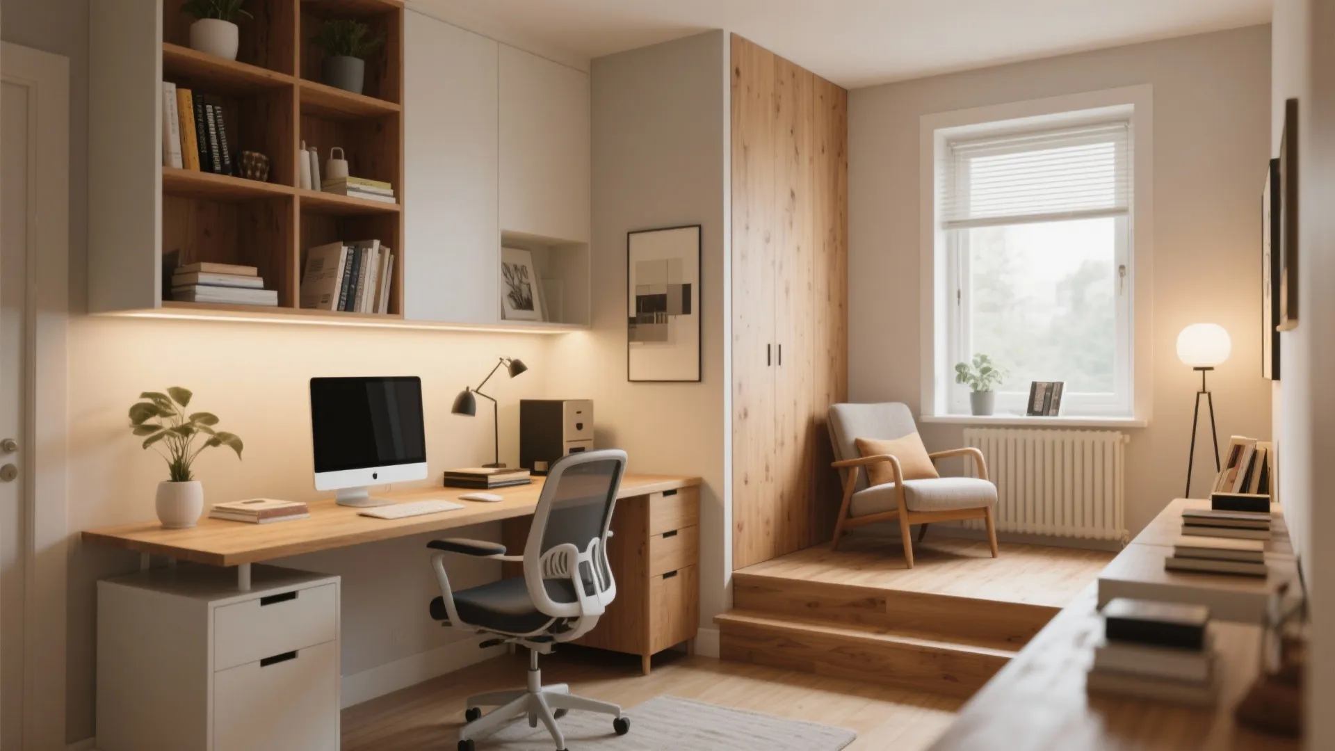 Modern home office with wooden desk computer chair bookshelf wall light and small reading area