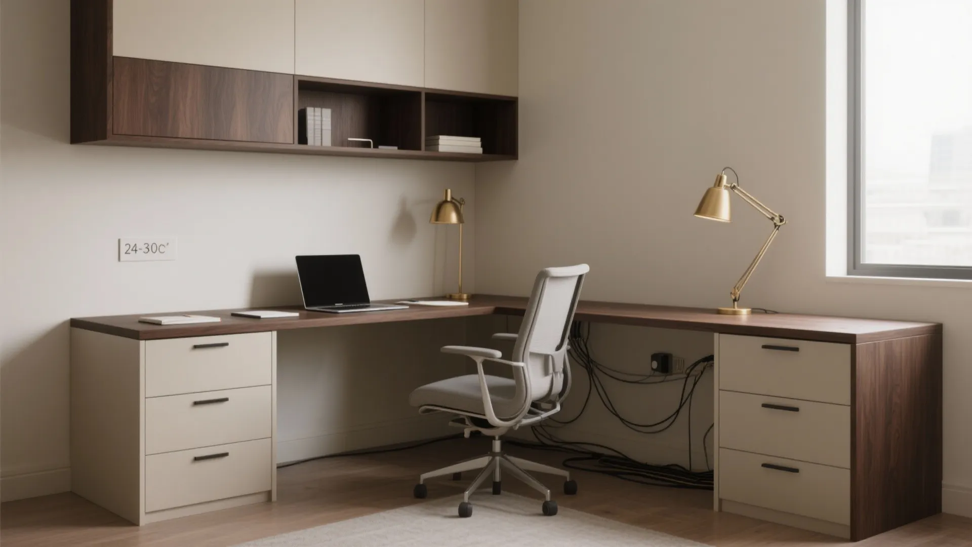 Modern L-shaped home office workstation with wooden desk, grey chair, laptop, and gold desk lamps