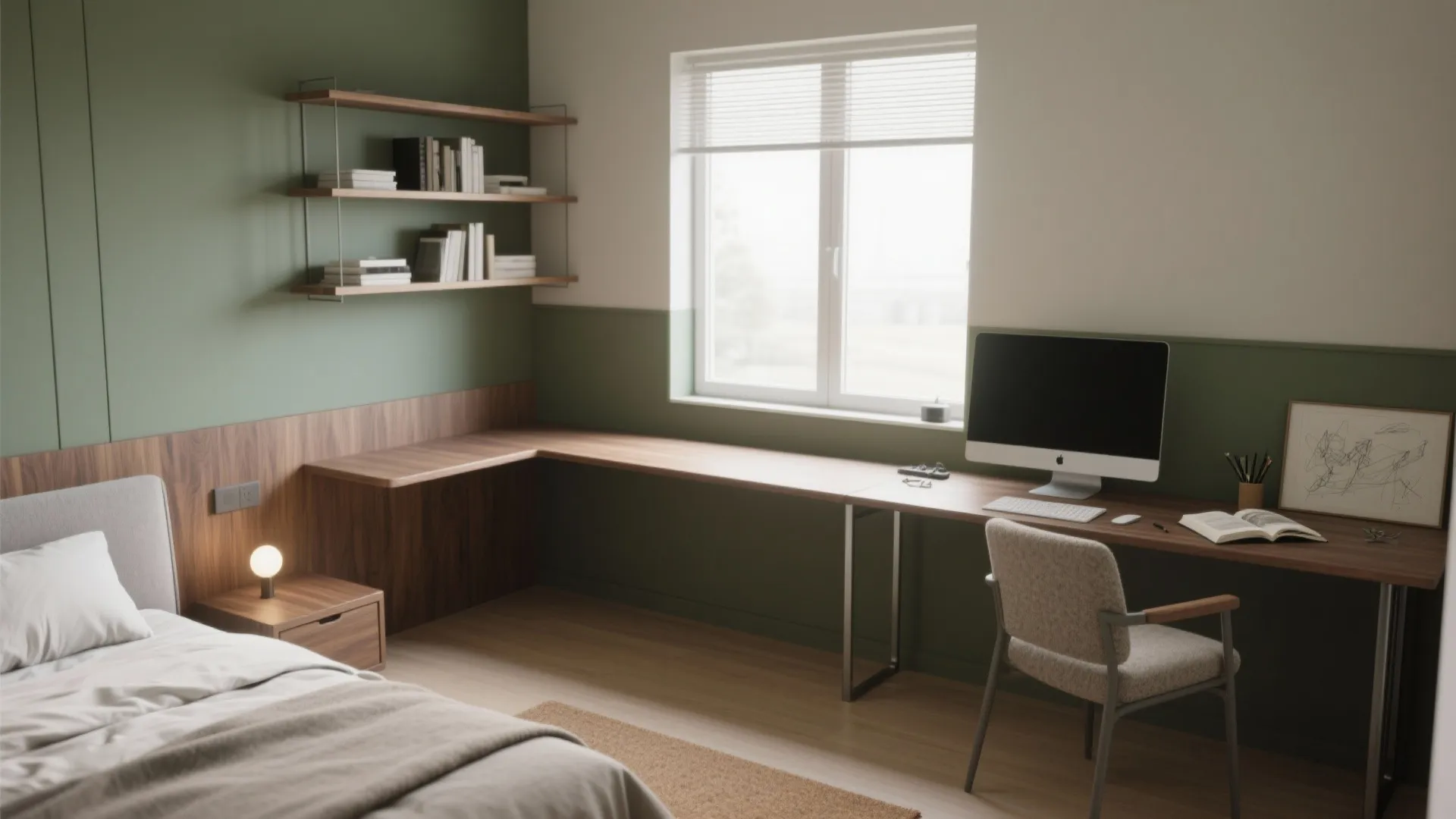 Bedroom with an L-shaped desk wrapping the bed, daylight at the window, shelf lighting, and organized dual work zones.