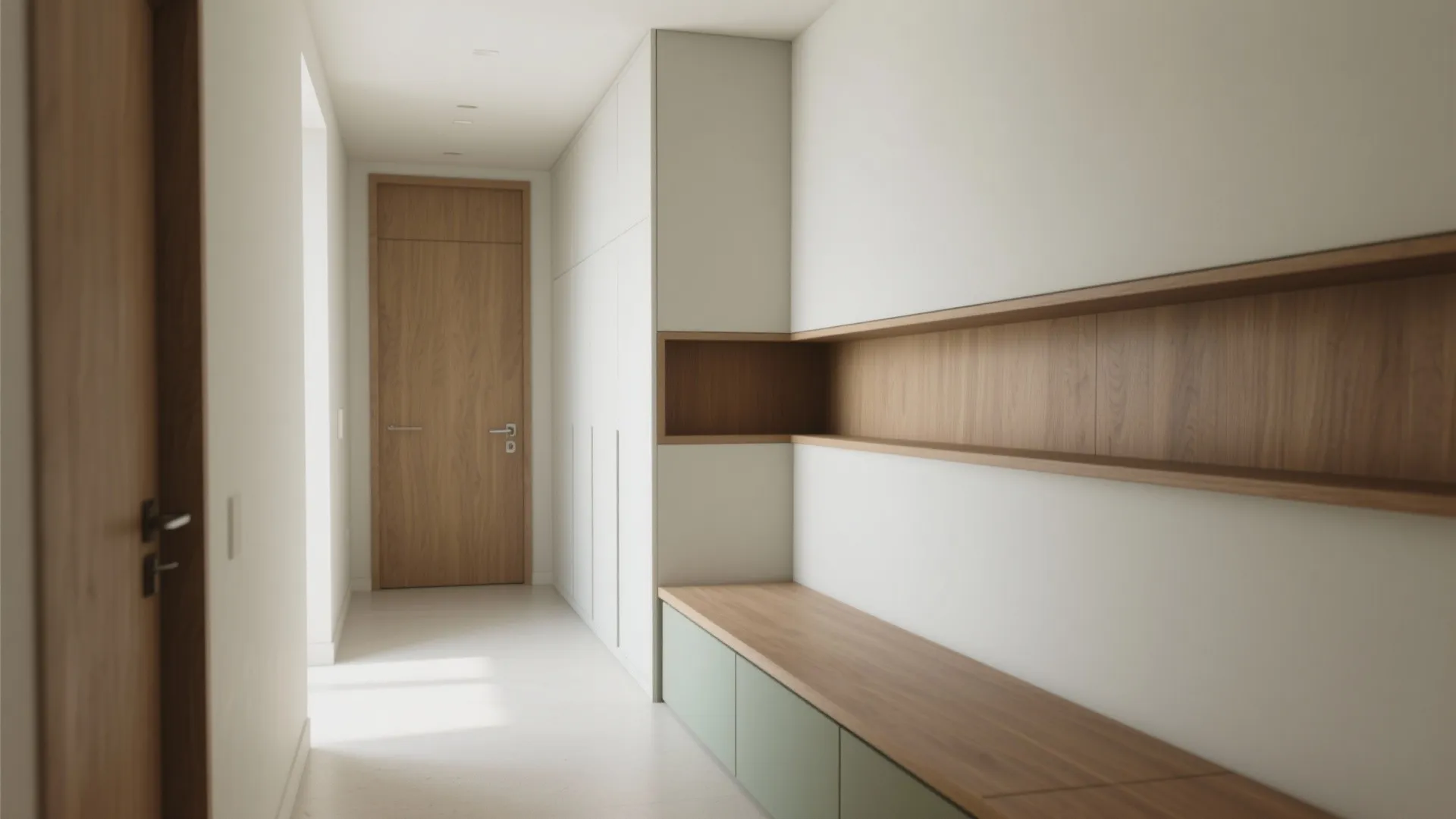 L-shaped hall wall unit that wraps a corner