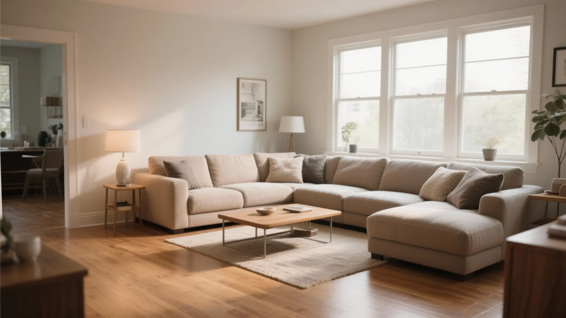 Large beige sectional sofa in bright living room with a wooden coffee table and window light