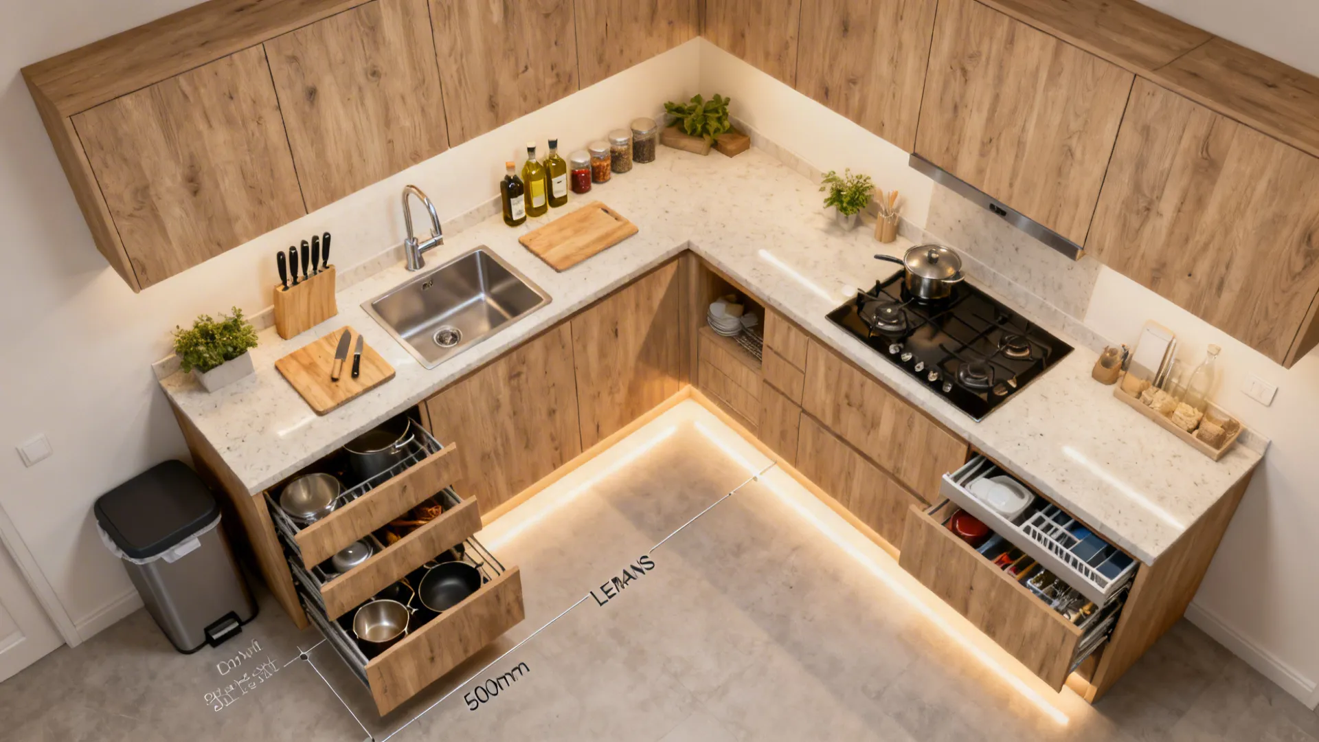 3) L-shaped and galley layouts that respect workflow