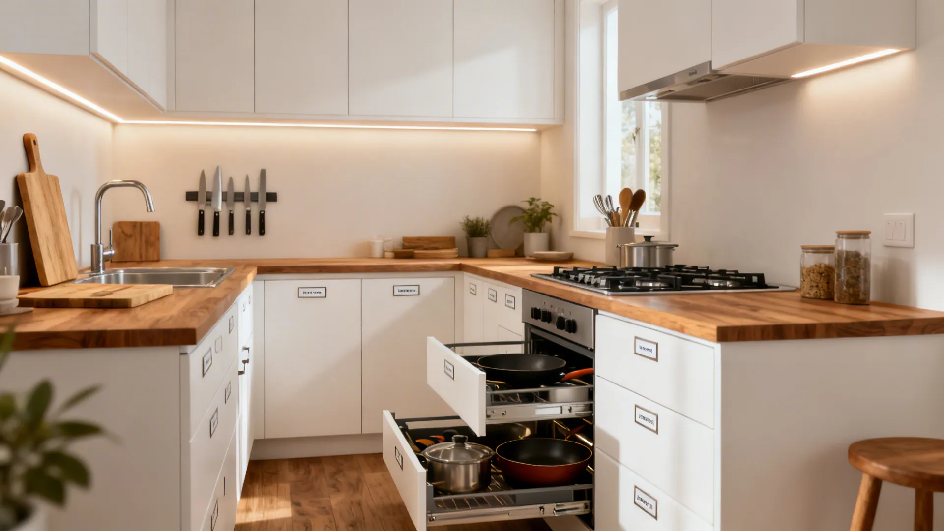 Compact L-shaped kitchen with defined prep and cook zones and deep drawers.