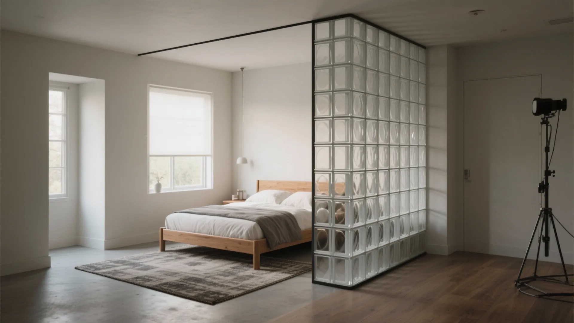 Minimalist bedroom divided by a glass block wall showing a wooden bed and grey rug