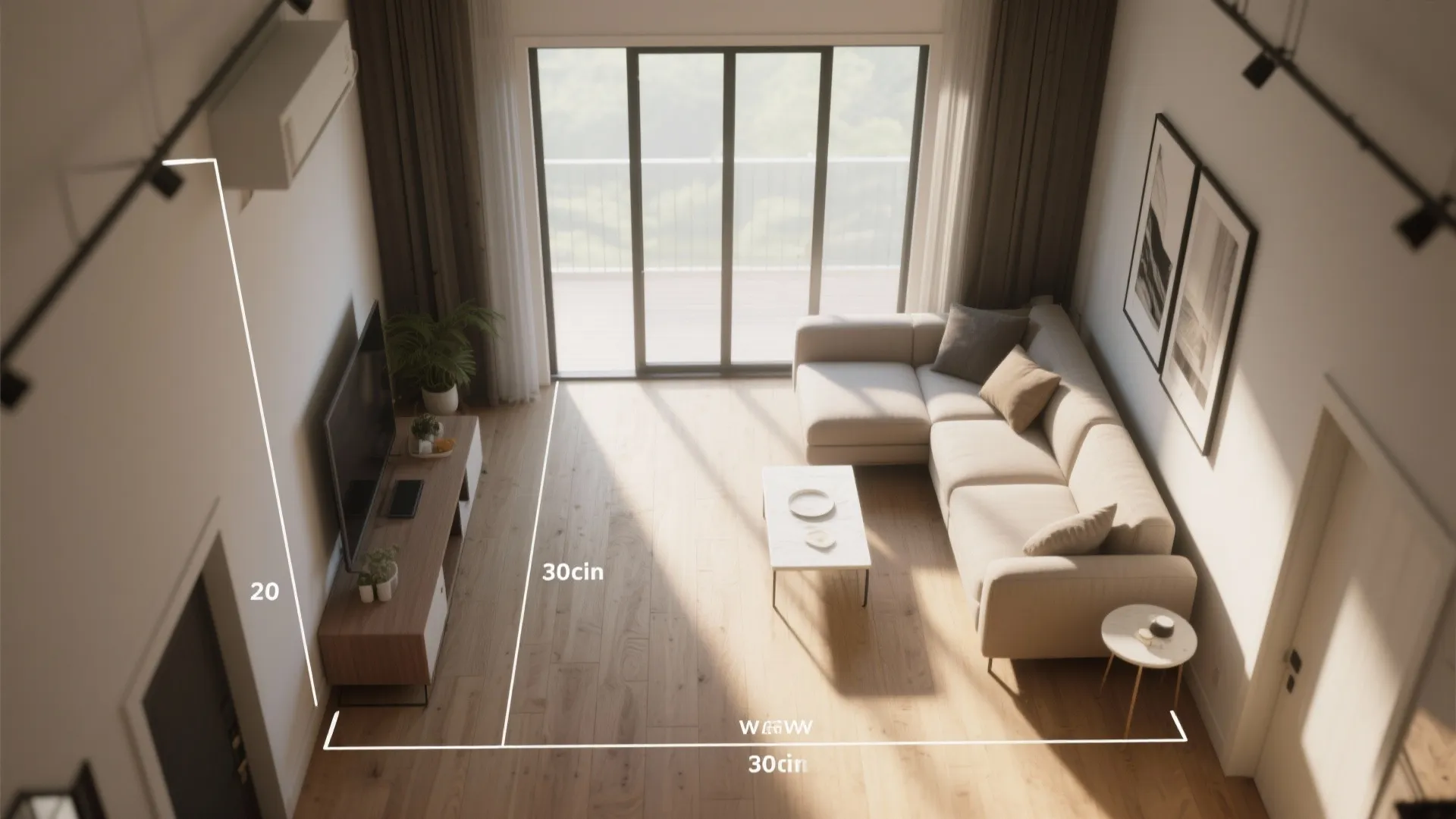 Top view interior design drawing of living room with measurements sofa tv cabinet and wood floor