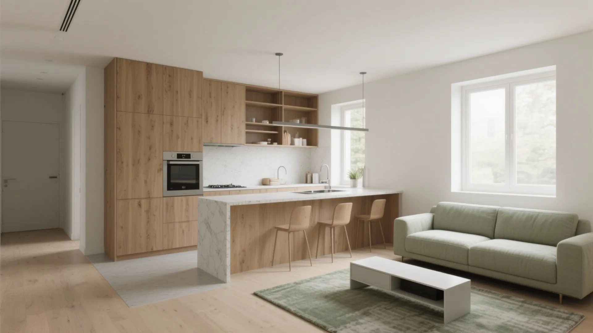 1) L-shaped zoning that quietly defines the living area