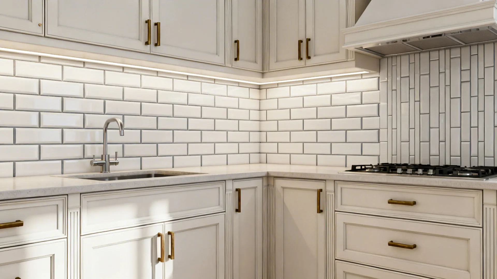 Modern kitchen corner with white wall tiles cream cabinets silver faucet and black gas stove top
