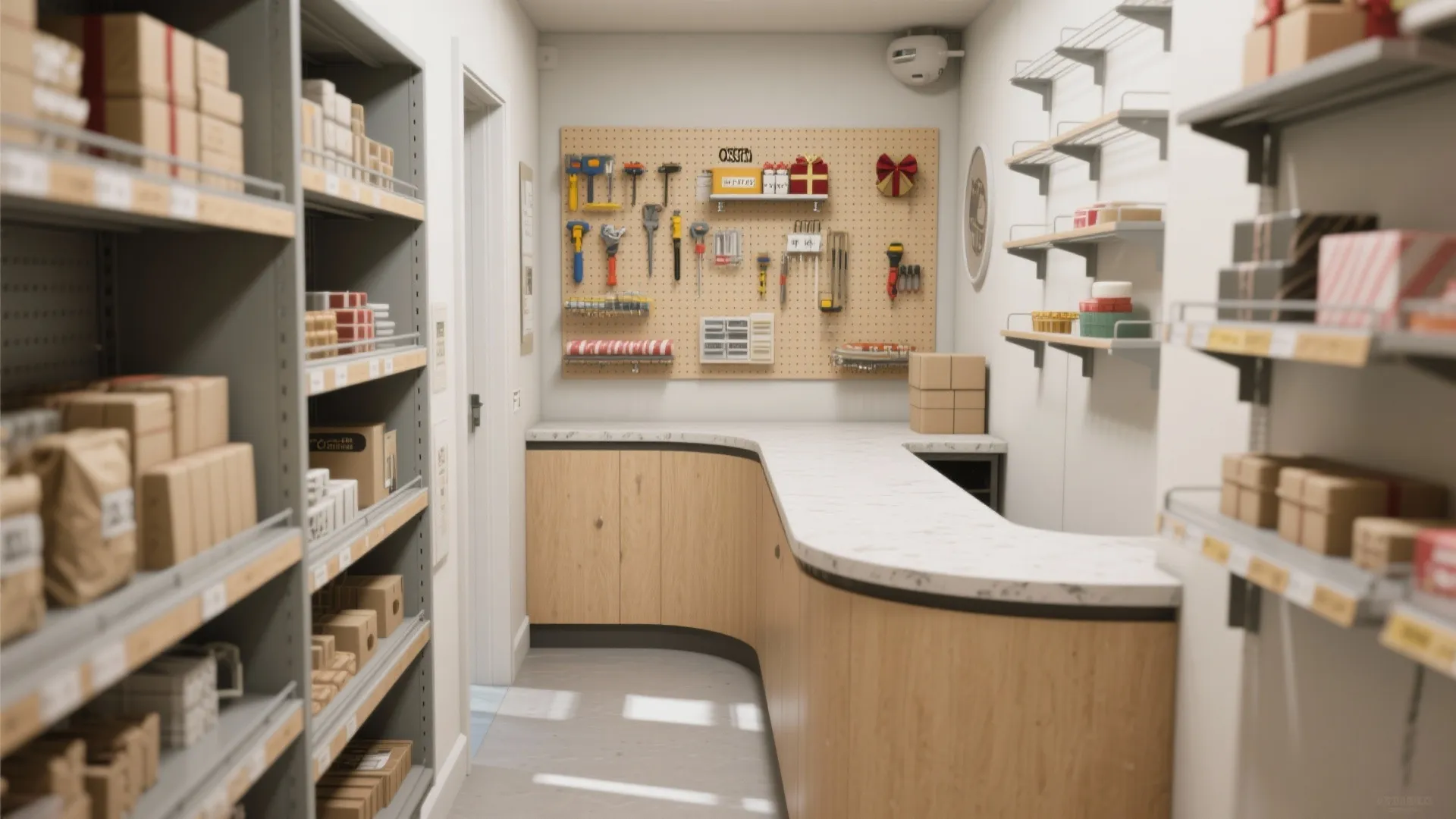 L-shaped shelving layout with a standing counter