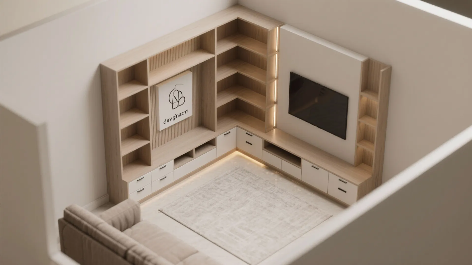Modern wood corner shelving unit with white drawers and television mounted on a neutral wall