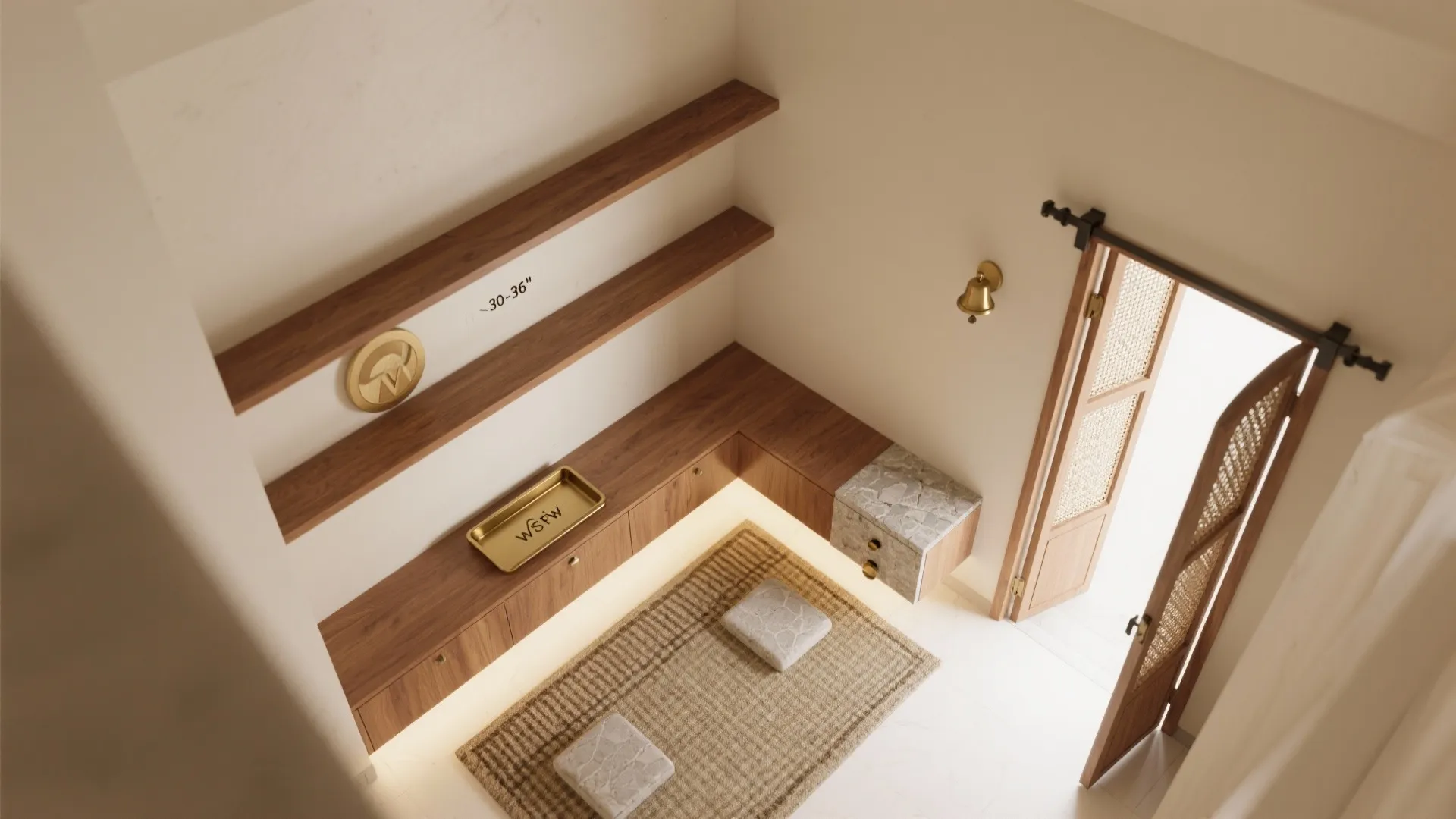 Top-down plan of a corner mandir with an L-shaped shelf, kneeling zone, and slim door tracks.