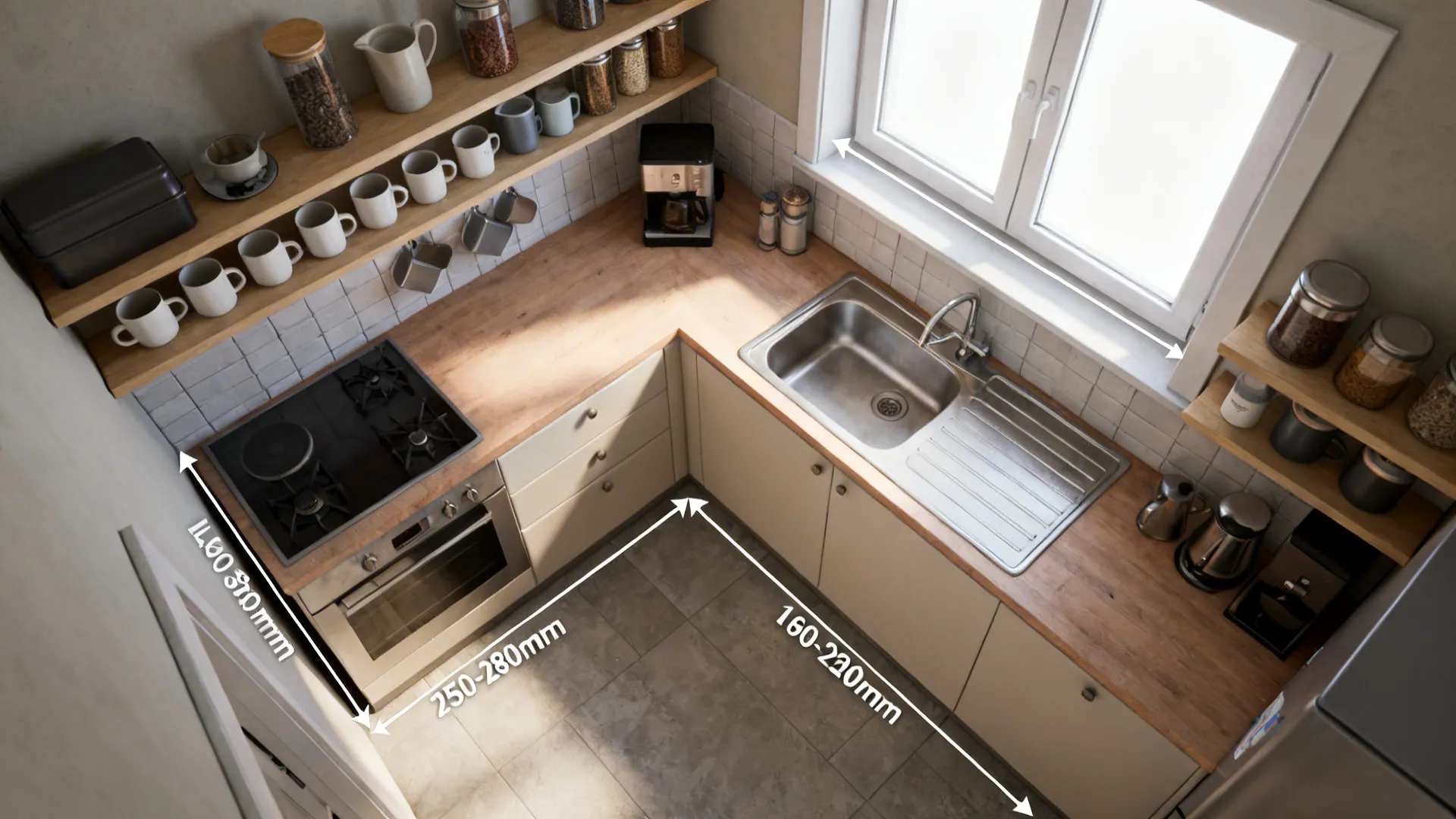 Top-down view of L-shaped corner shelf dimensions and zones in a galley kitchen.