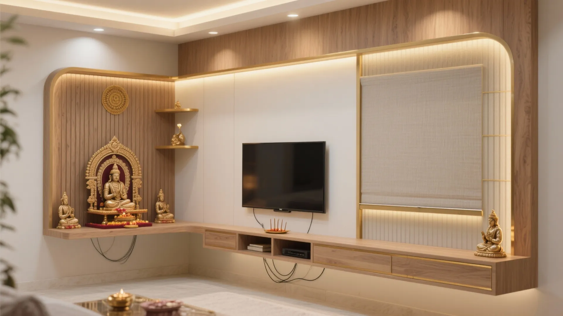 3) L-Shaped Pooja Shelf Around the TV Unit