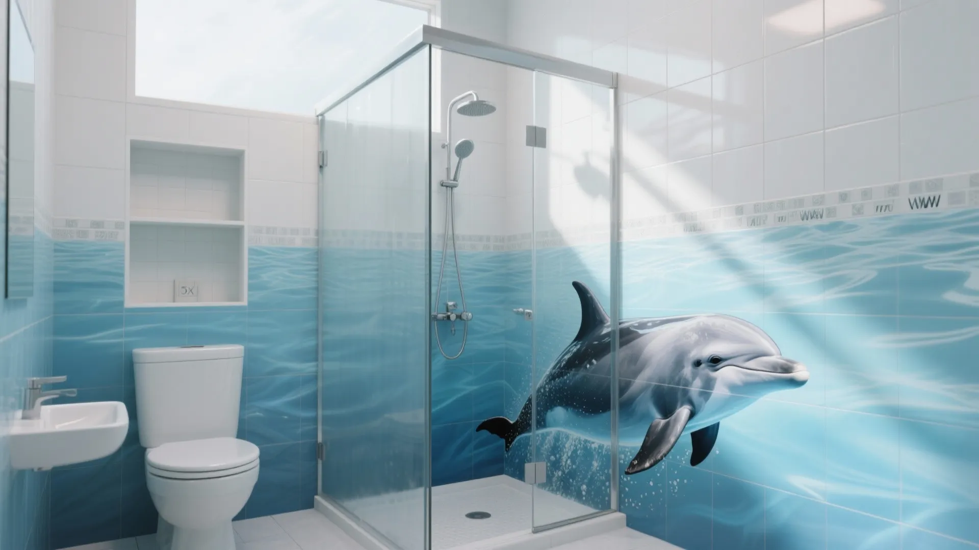 L-Shaped Shower Wall Dolphin Mural