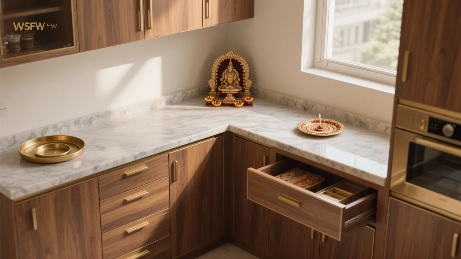 L-shaped mandir corner with a continuous stone altar slab and base cabinets, compact and cohesive.