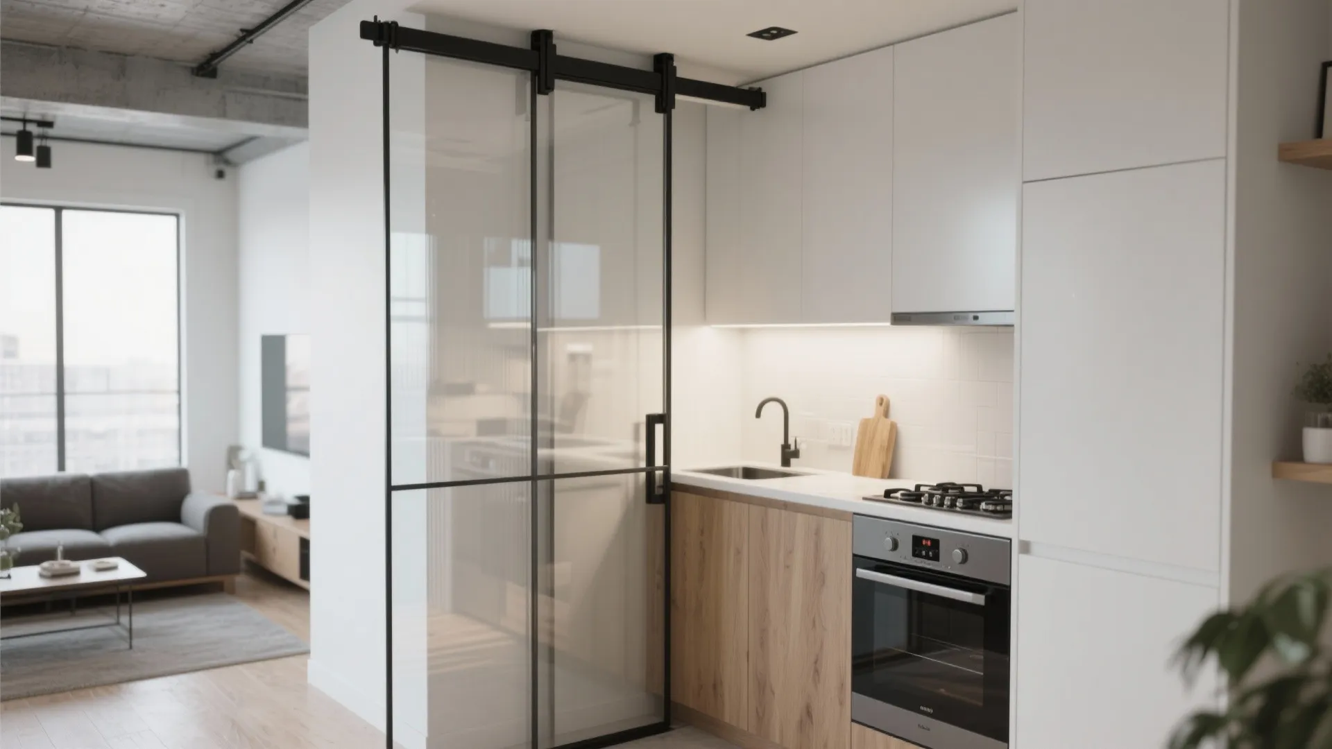 L-Shaped Micro Kitchens with Sliding Glass