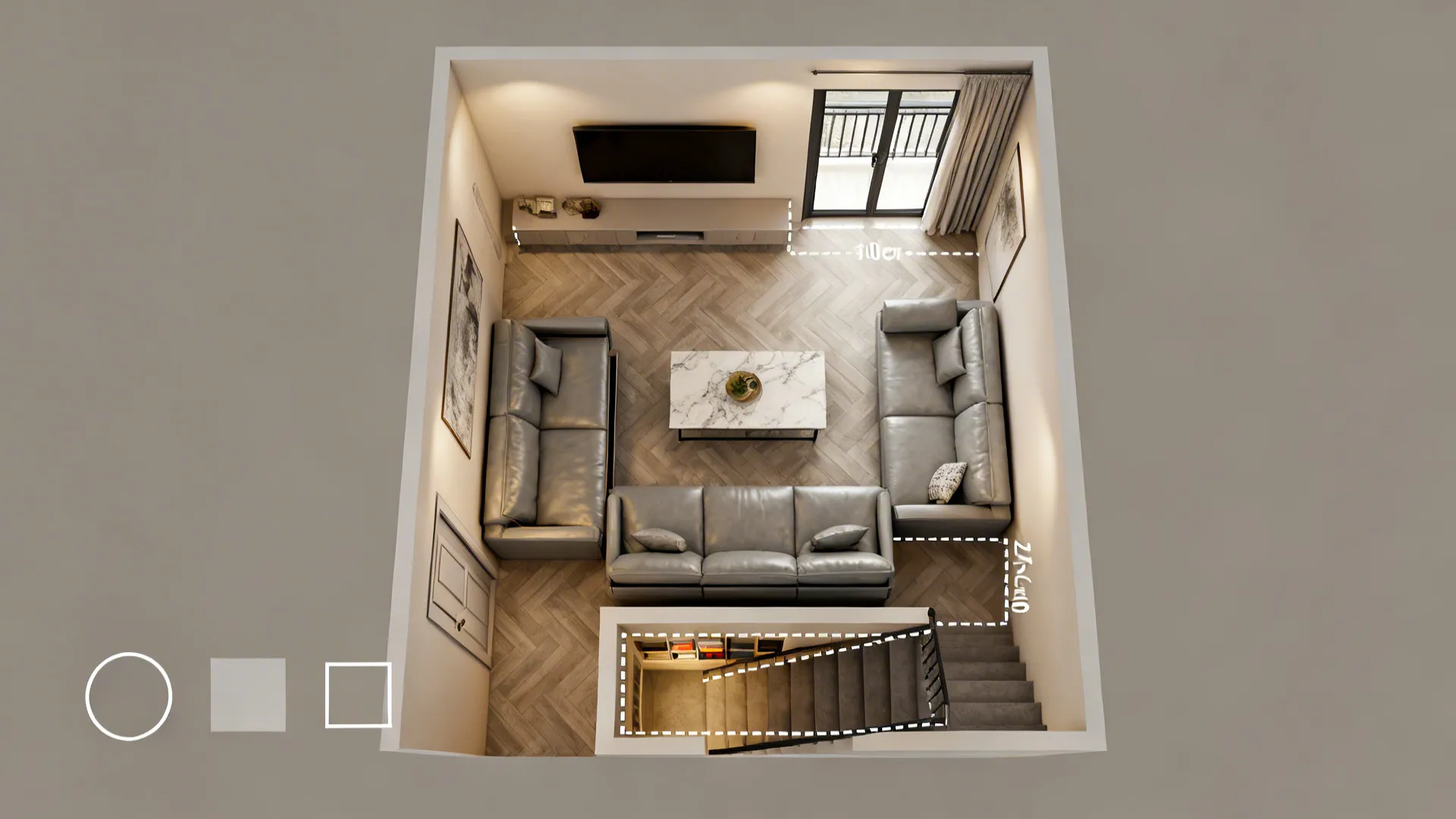 Top-down layout showing circulation around a compact L-shaped sofa with chaise storage in a rectangular living room.