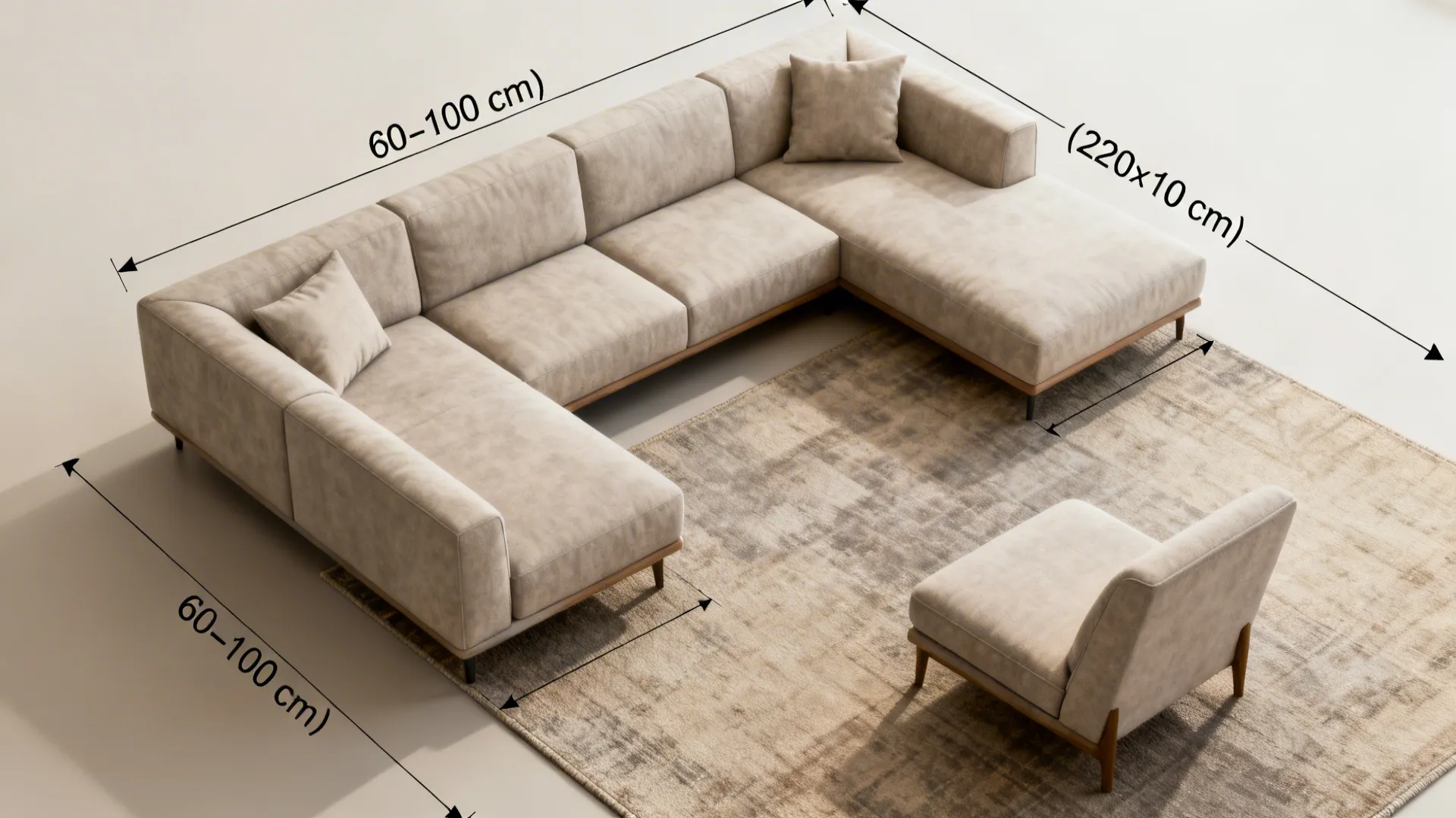 Top-down layout showing clearances and rug placement options for an L-shaped sofa