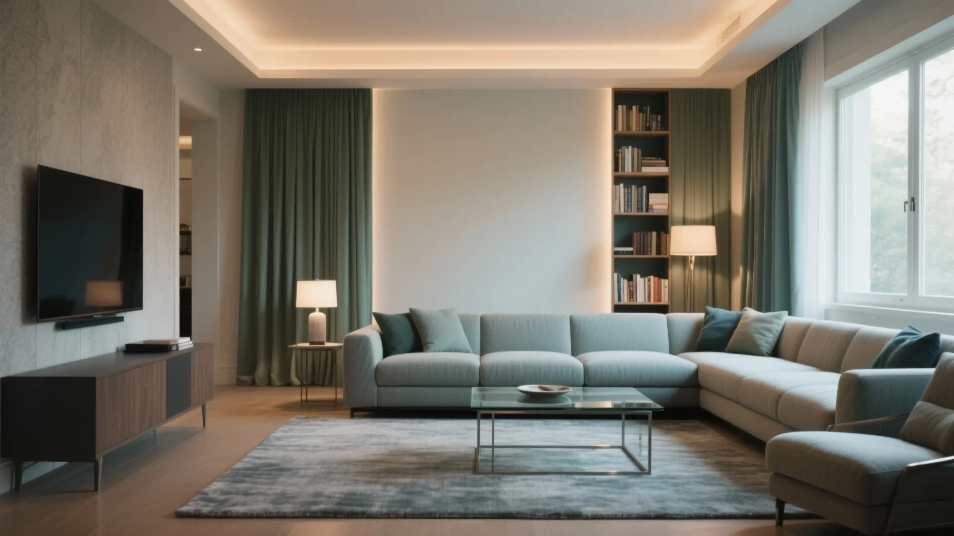 Modern living room with green sofa, wooden cabinet, glass coffee table, and warm ceiling light