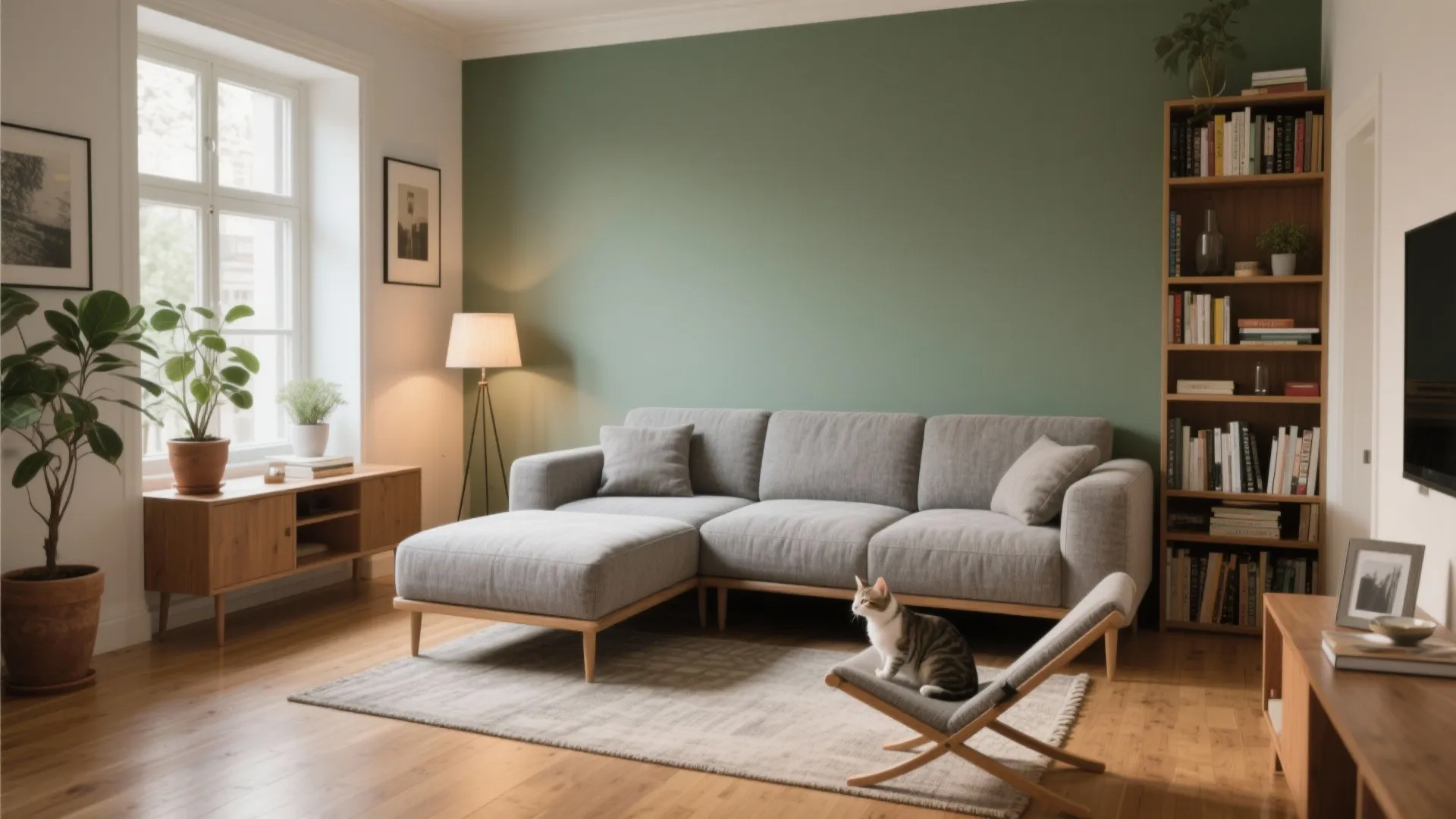 Modern living room with grey sofa green wall wooden bookshelf floor lamp cat and natural light