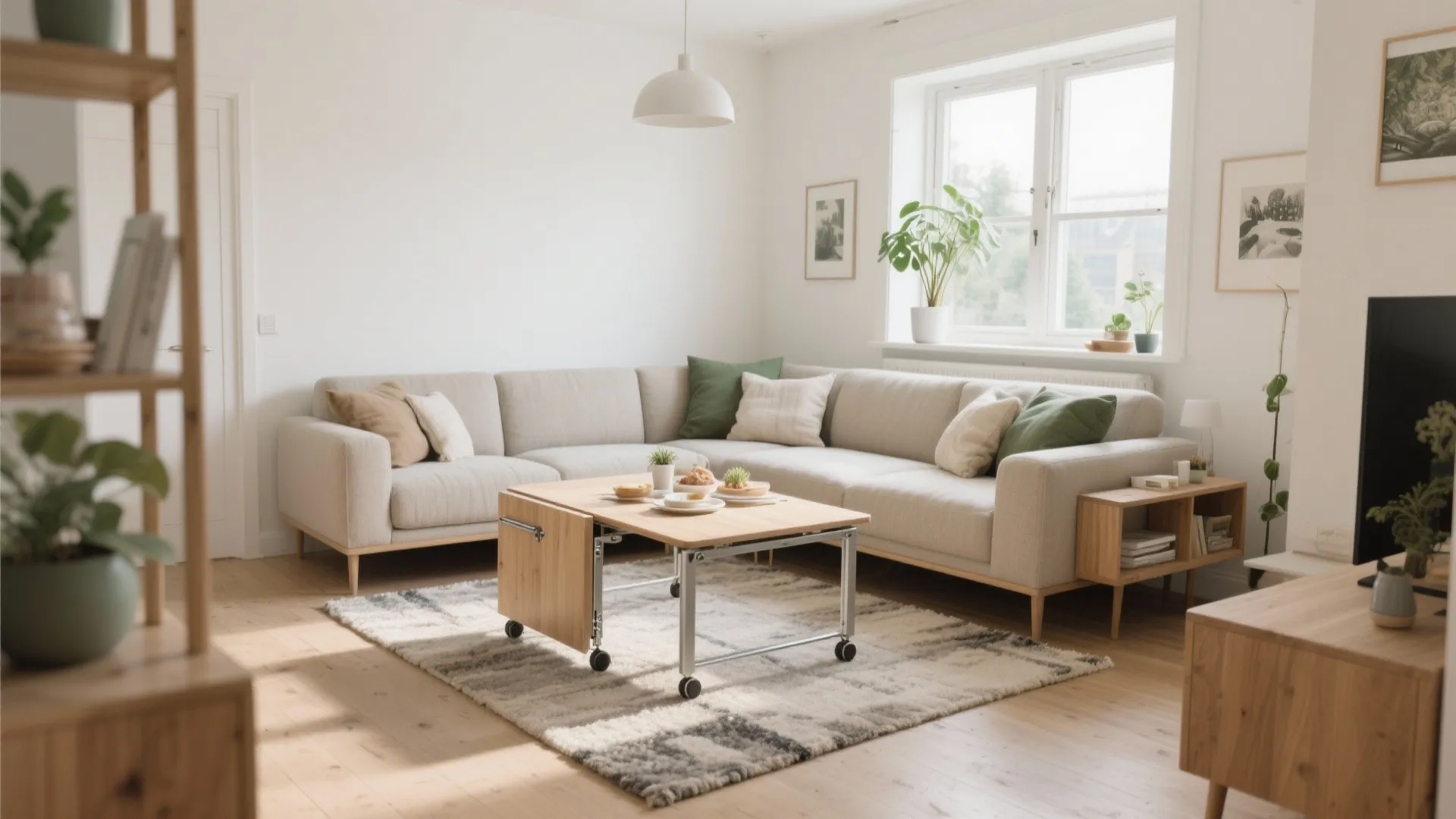 L-shaped seating with a tuck-away expandable table