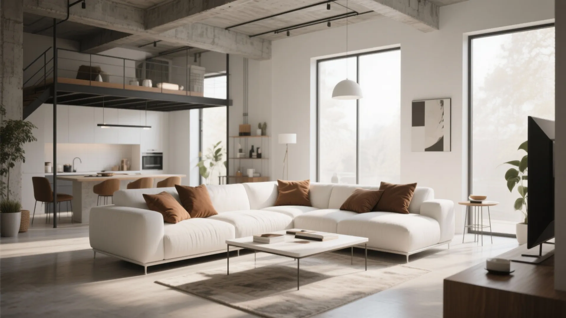 Modern open plan living room with white sofa brown pillows industrial ceiling and small kitchen area