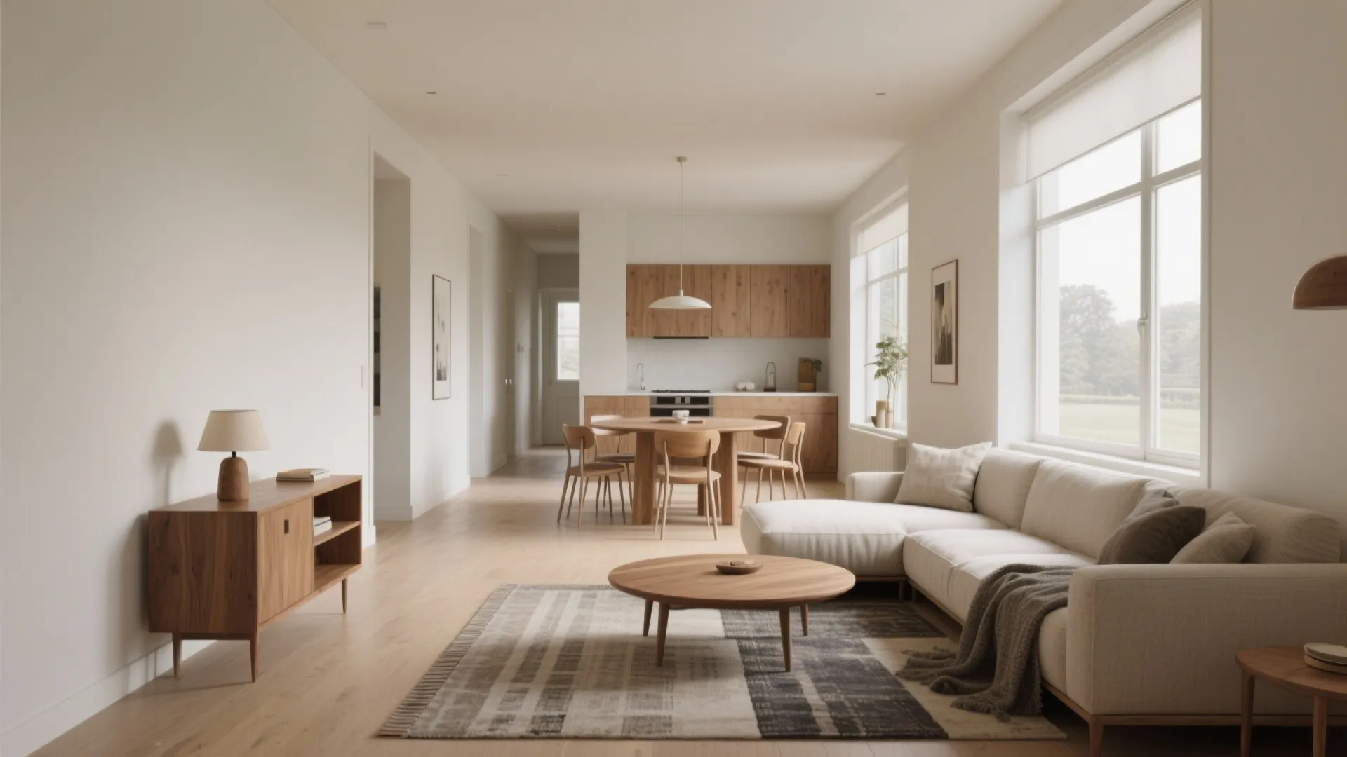 L-shaped seating with a round dining table for better flow