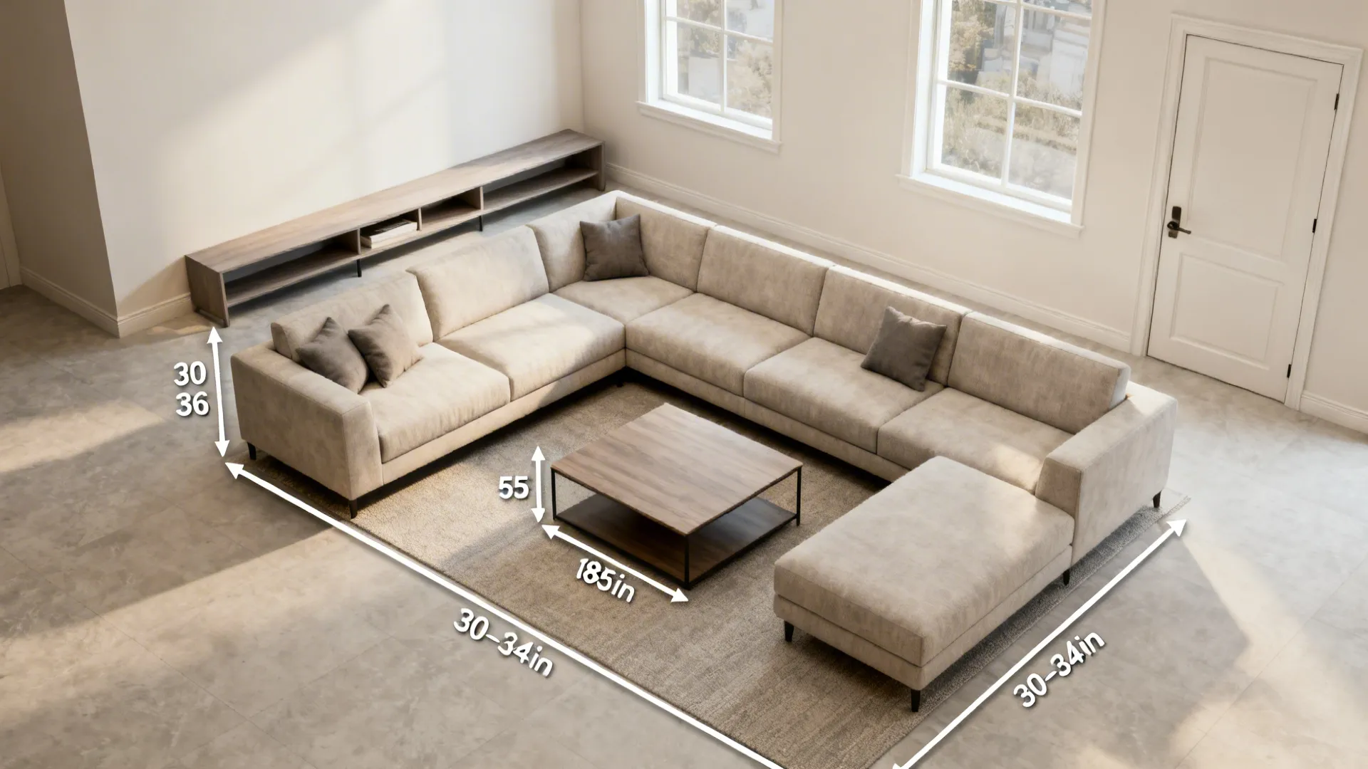 Top-down layout showing clear pathways and balanced L-shaped sectional dimensions.