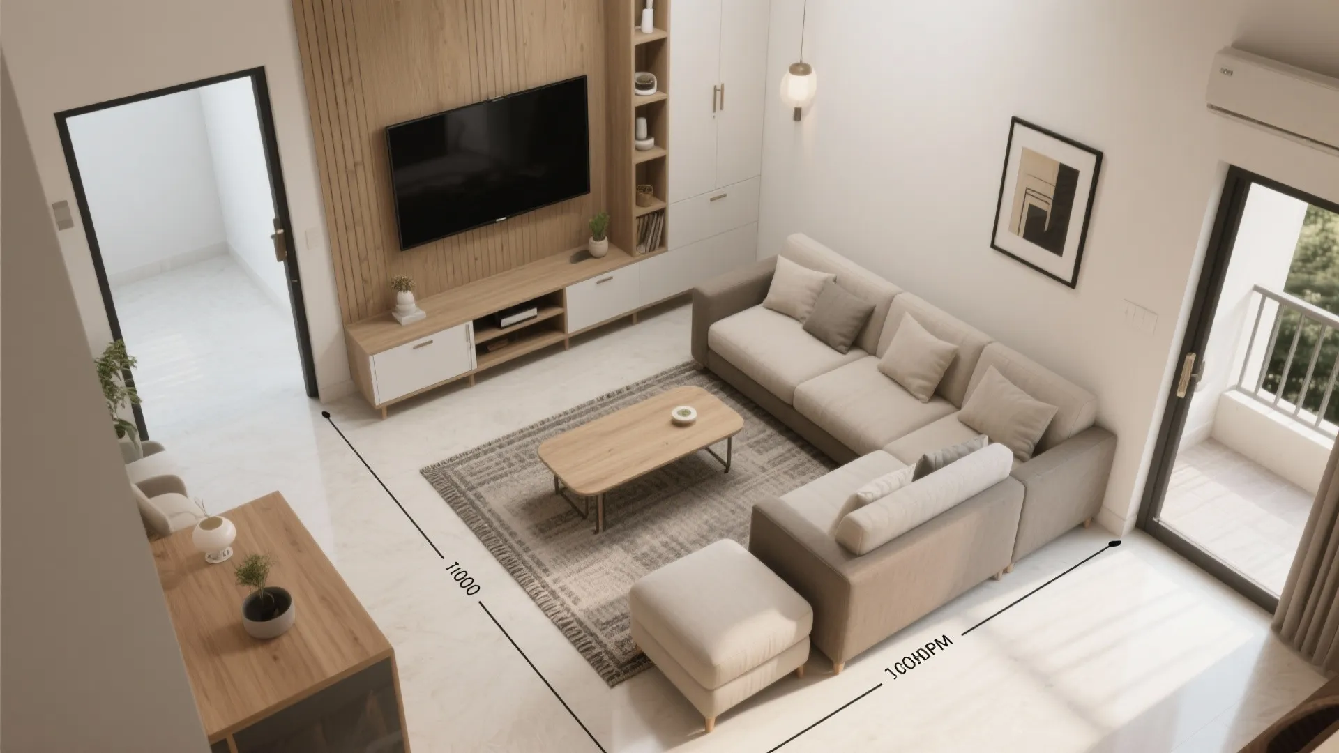 L-shaped seating and a clear circulation loop