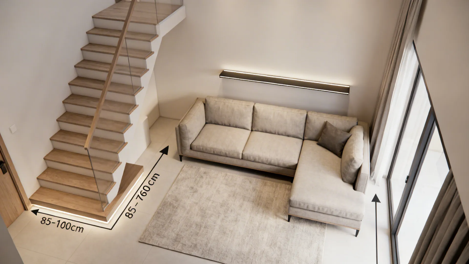 Top-down layout showing L-shaped sofa near stairs and a clear 85–100 cm circulation path