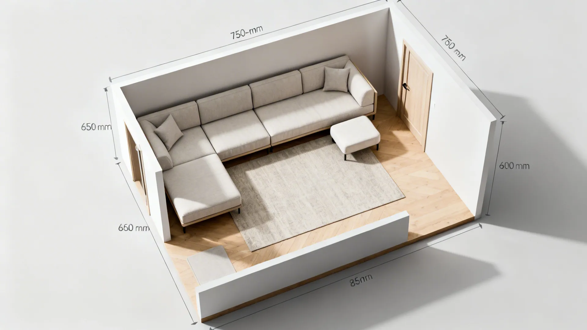 Top-down view of a compact living room showing a modular L-shaped sofa with clear circulation paths.