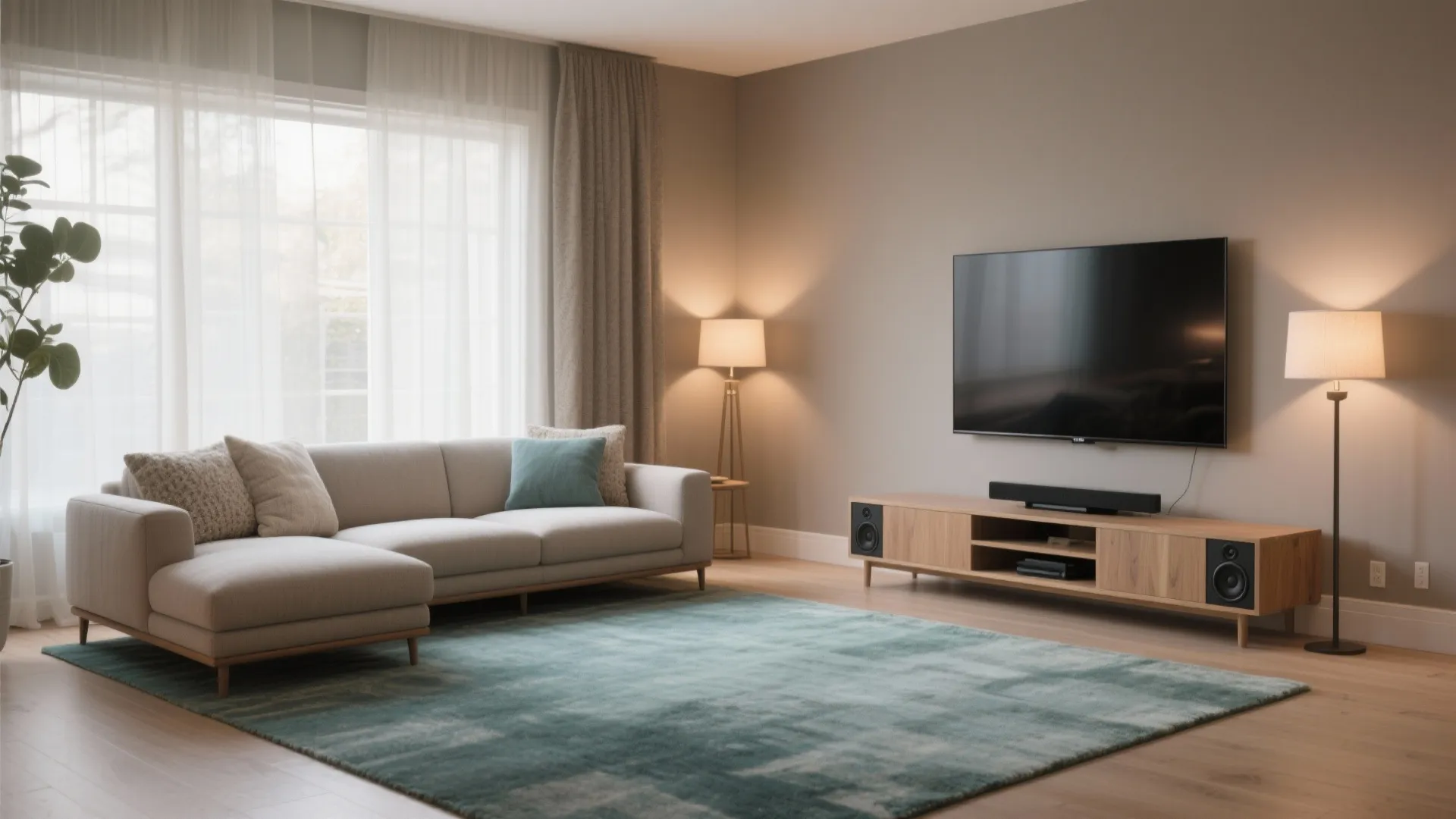 Modern living room with beige sofa green rug wood cabinet large television and two floor lamps