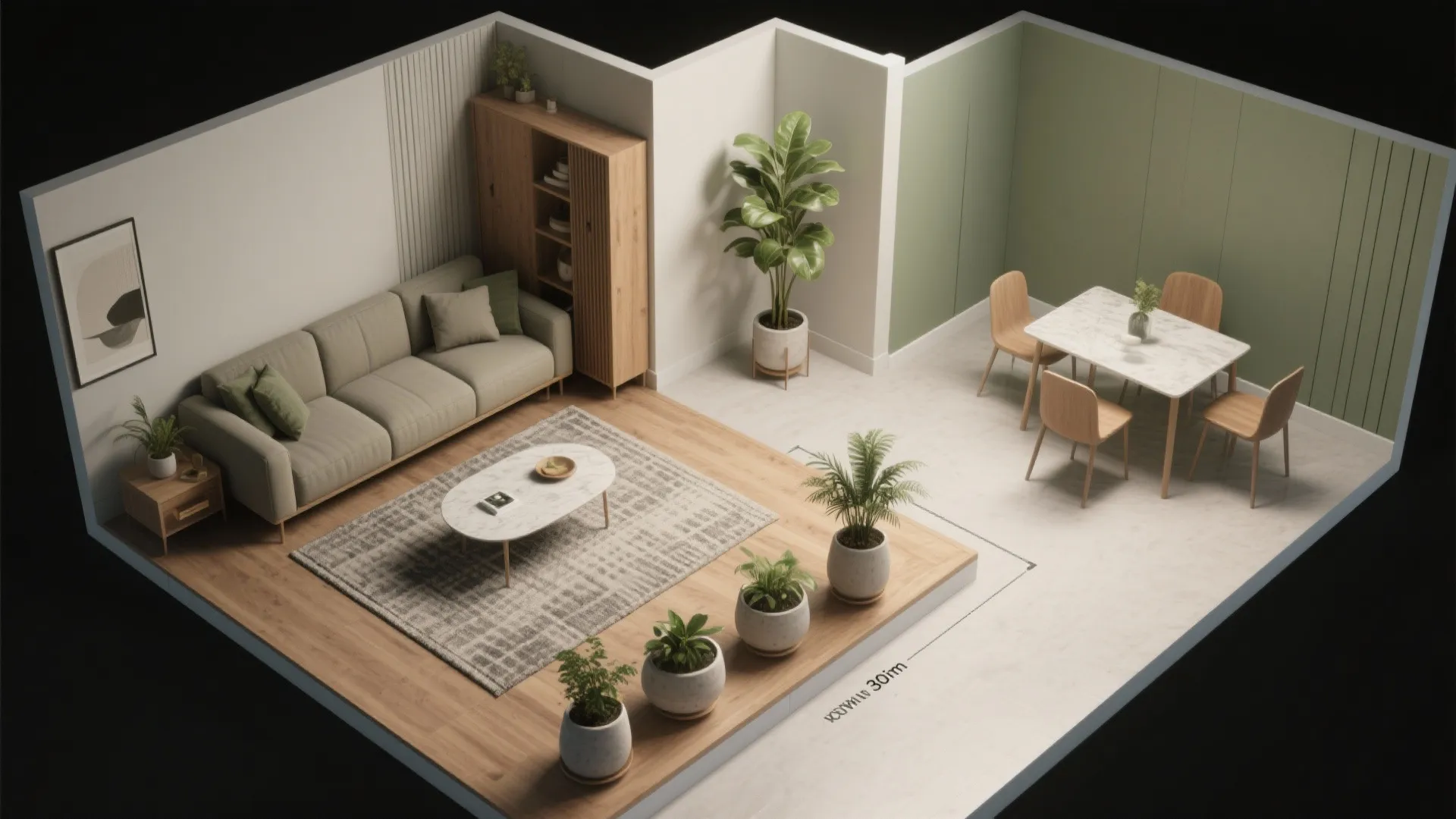 Zone with L-Shaped Seating and Planter Clusters