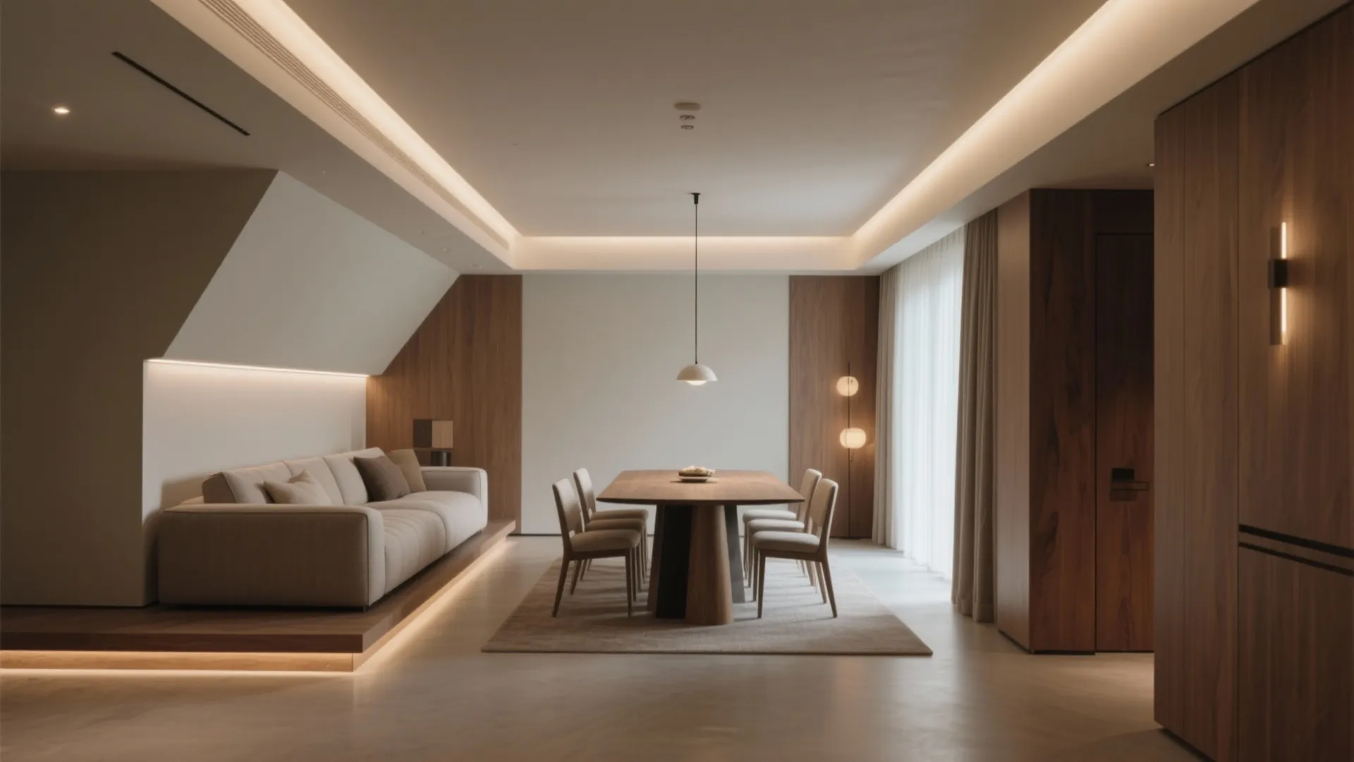 Stepped ceiling to zone seating and dining