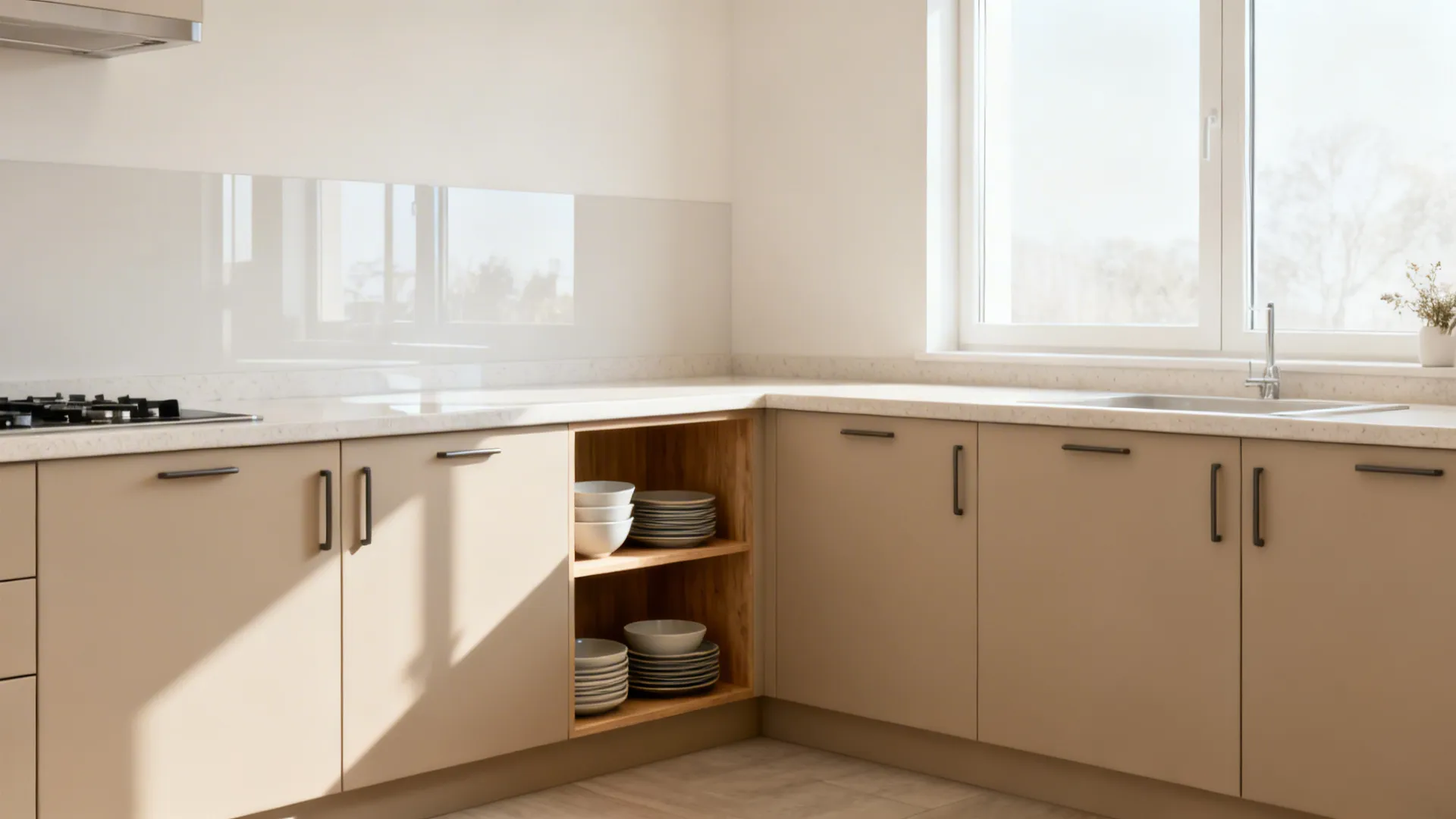 Airy L-shaped kitchen with open shelves on the short leg and no uppers on the long wall.